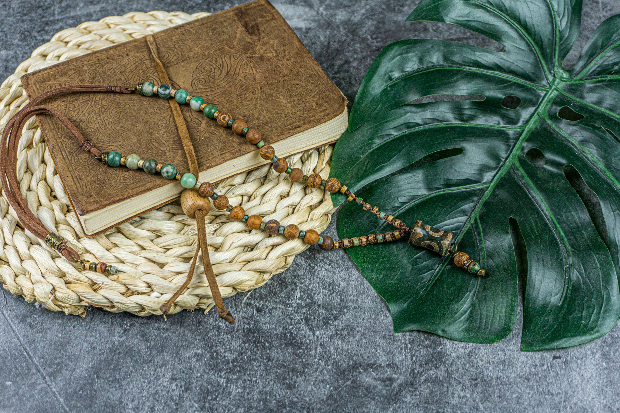 gemstone beaded necklace made of jade, jasper and a third eye tibetan agate pendant- wander jewellery