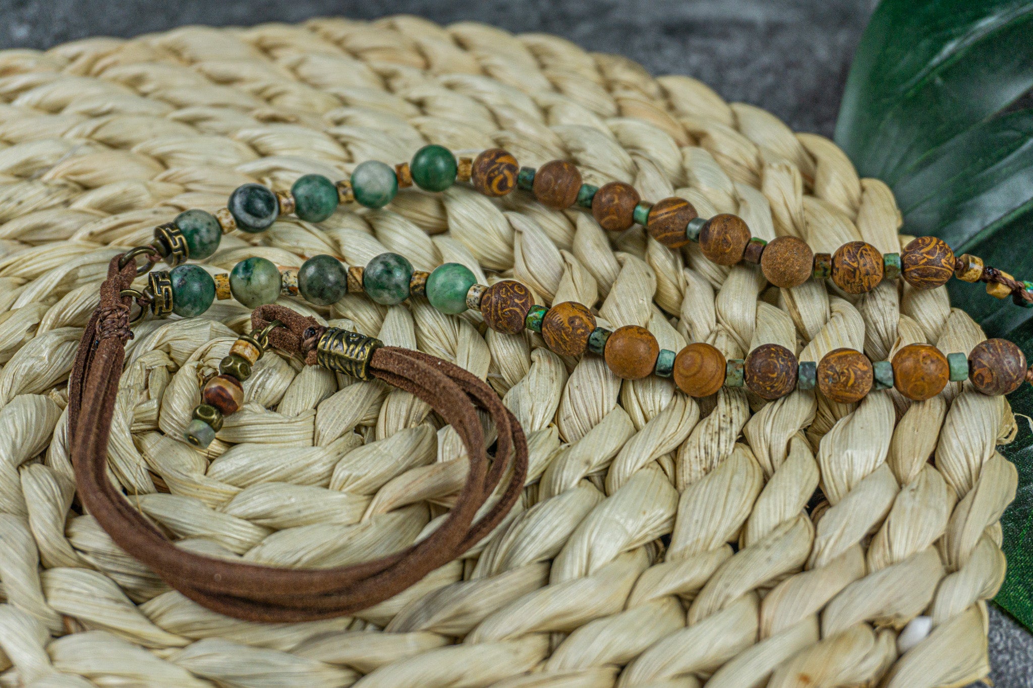 necklace made of leather, jade, jasper and a third eye tibetan agate pendant- wander jewellery