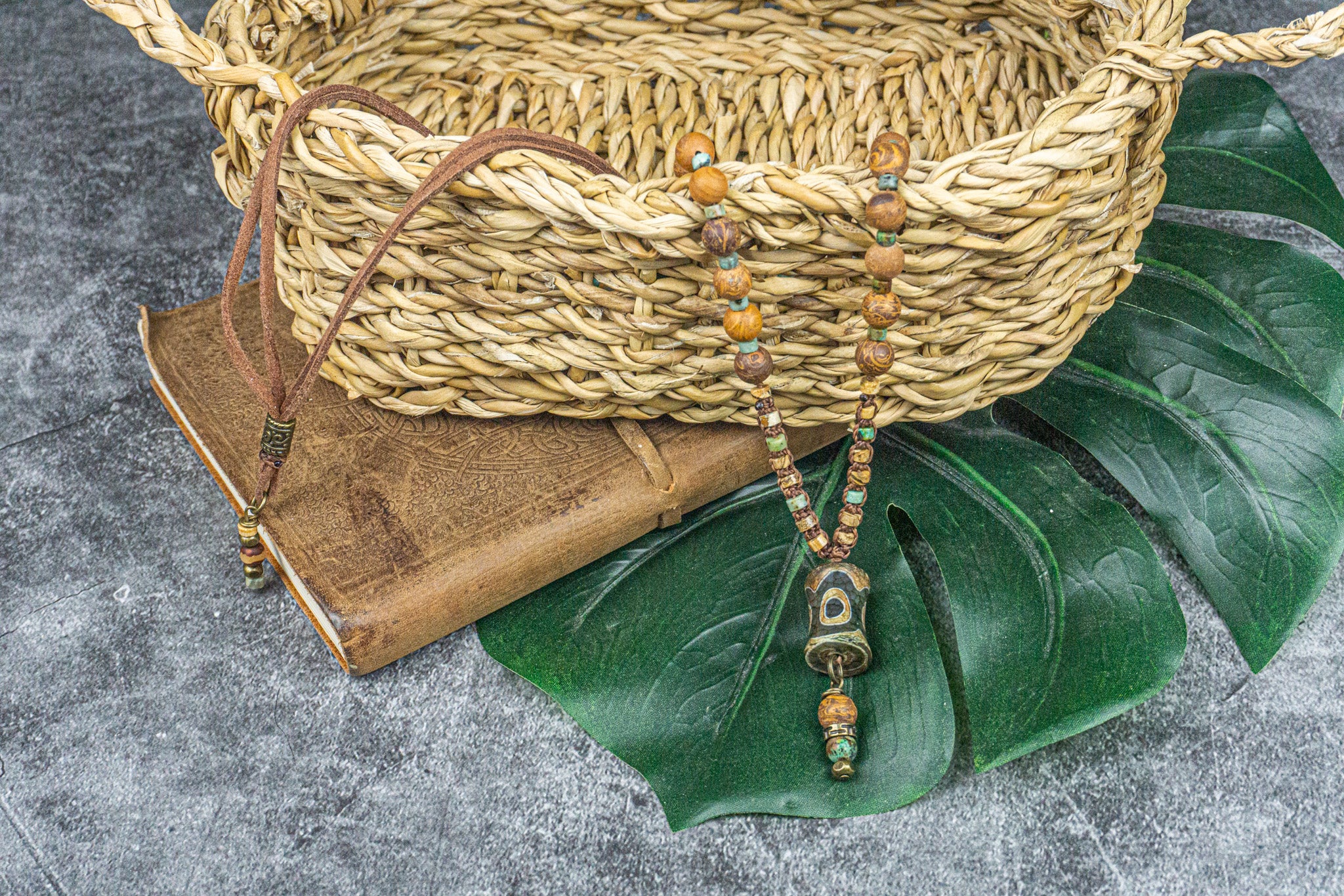beaded necklace made of jade, jasper and a third eye tibetan agate pendant- wander jewellery