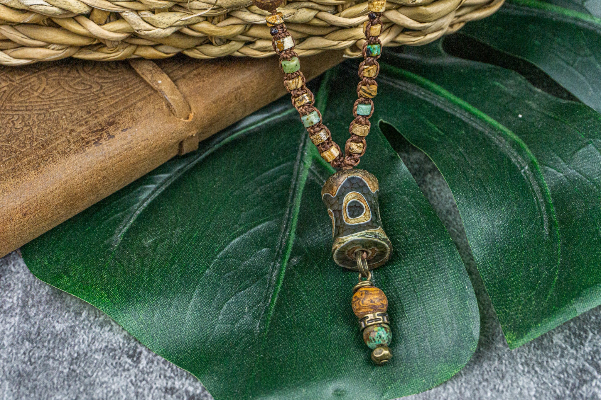 necklace made of jade, jasper and a third eye tibetan pendant- wander jewellery