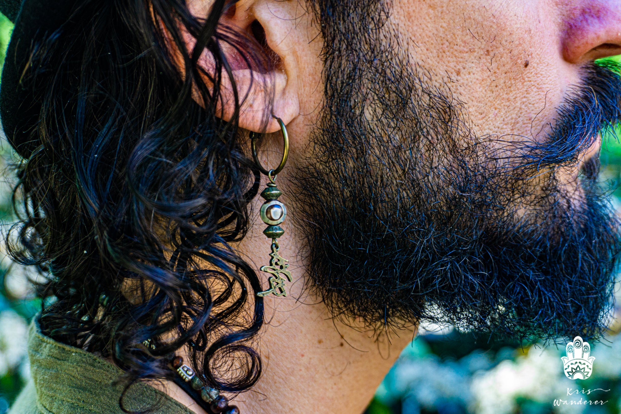 mens hoop earring with third eye agate gemstone and love ideogram- wander jewelry