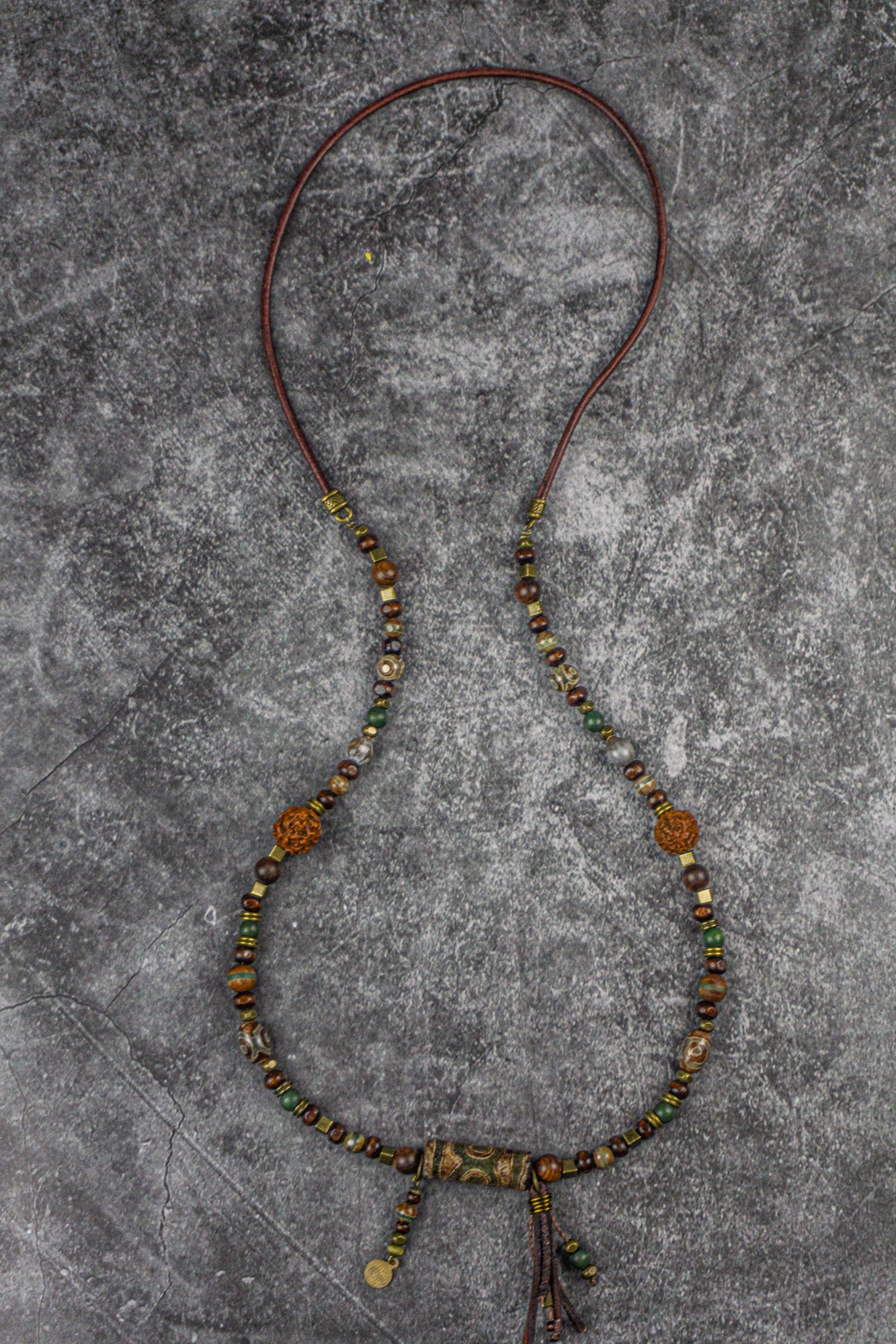 wood and green agata gemstone bead boho necklace- wander jewellery