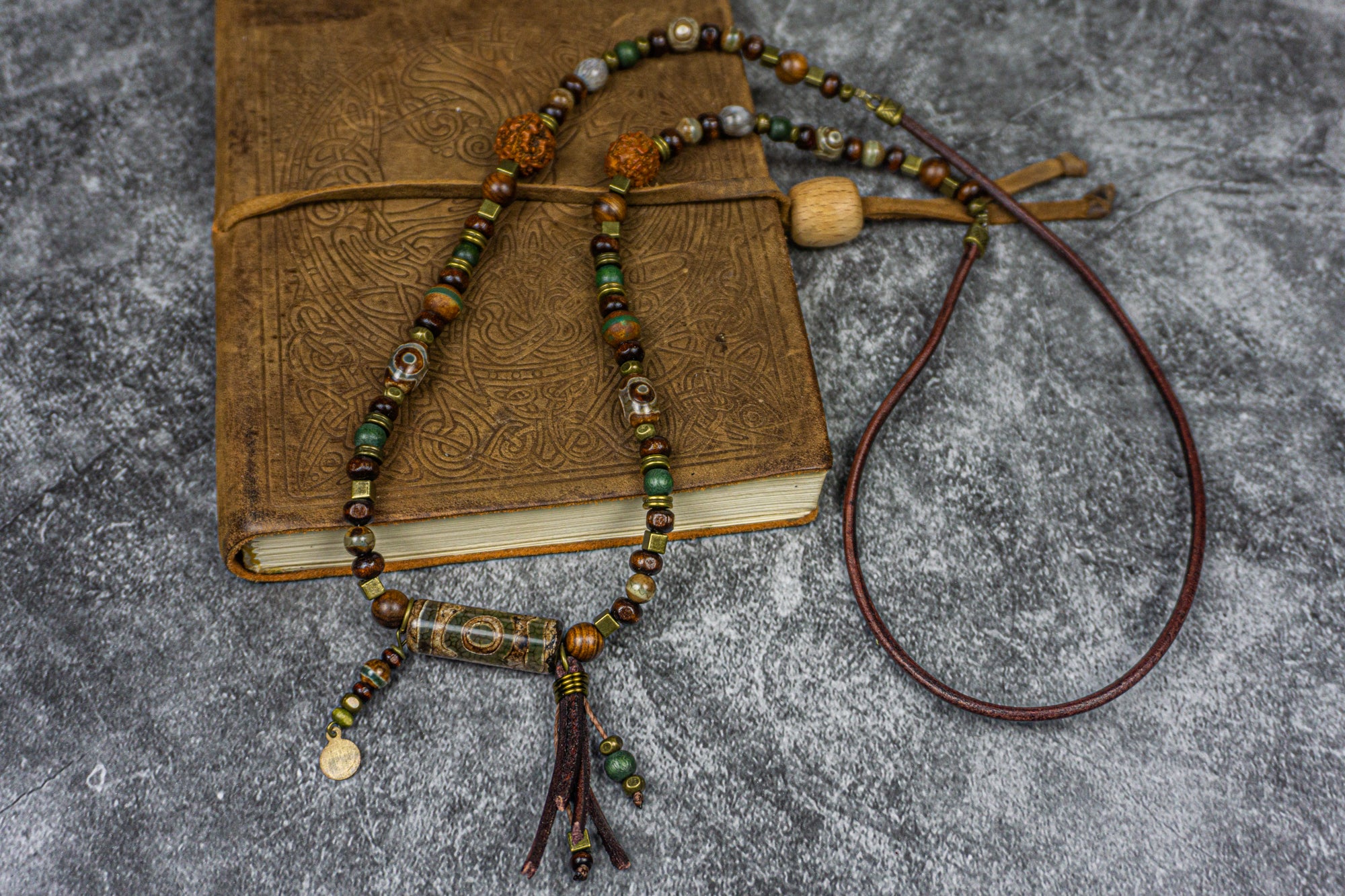 wood and green third eye agata gemstone bead boho long necklace- wander jewellery