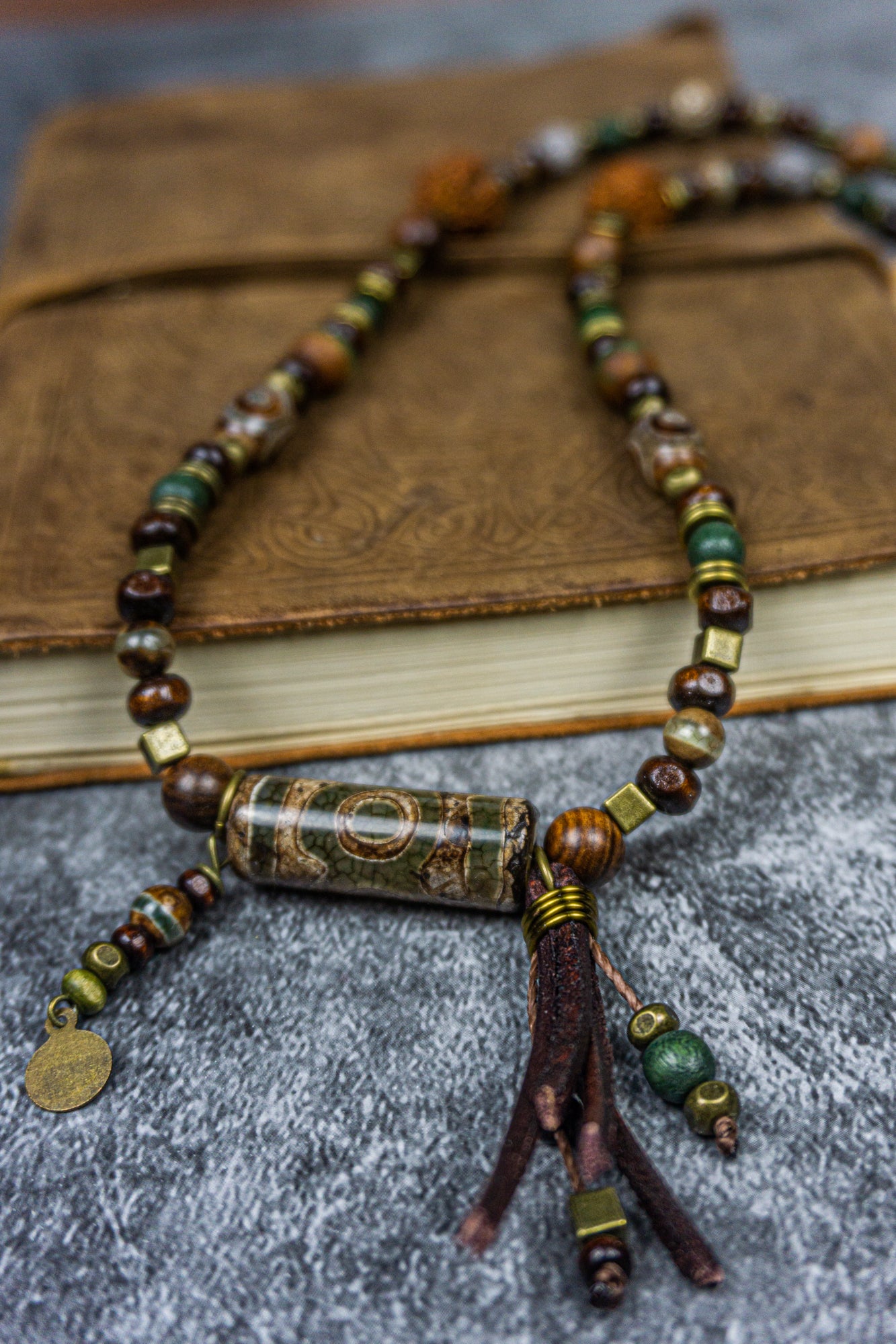 wood and green agata gemstone bead long necklace- wander jewellery