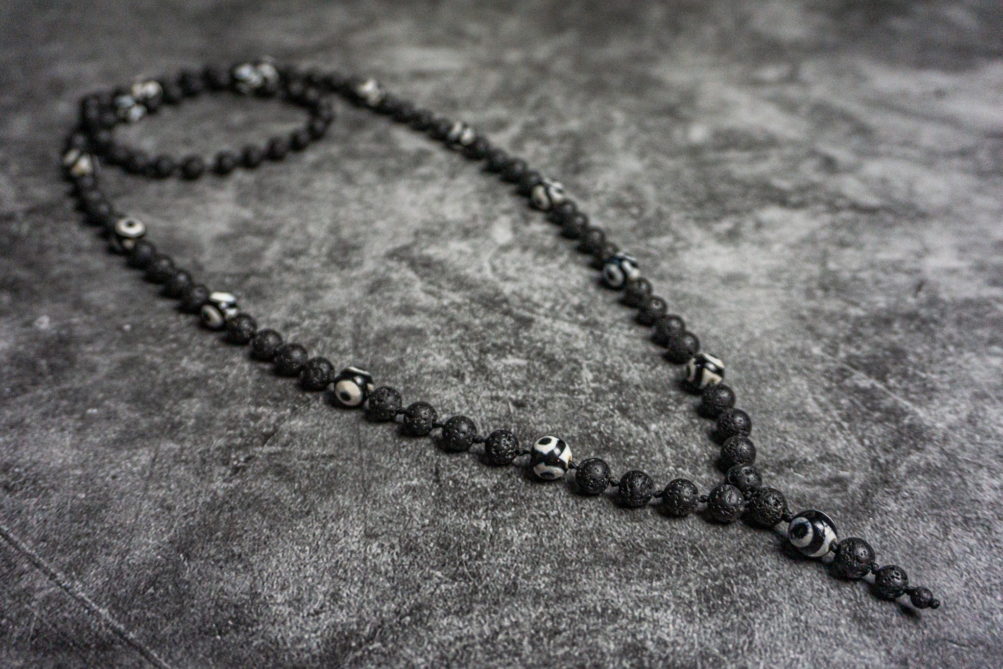 long black lava stone beaded mala necklace with third eye tibetan agate gemstone- wander jewellery