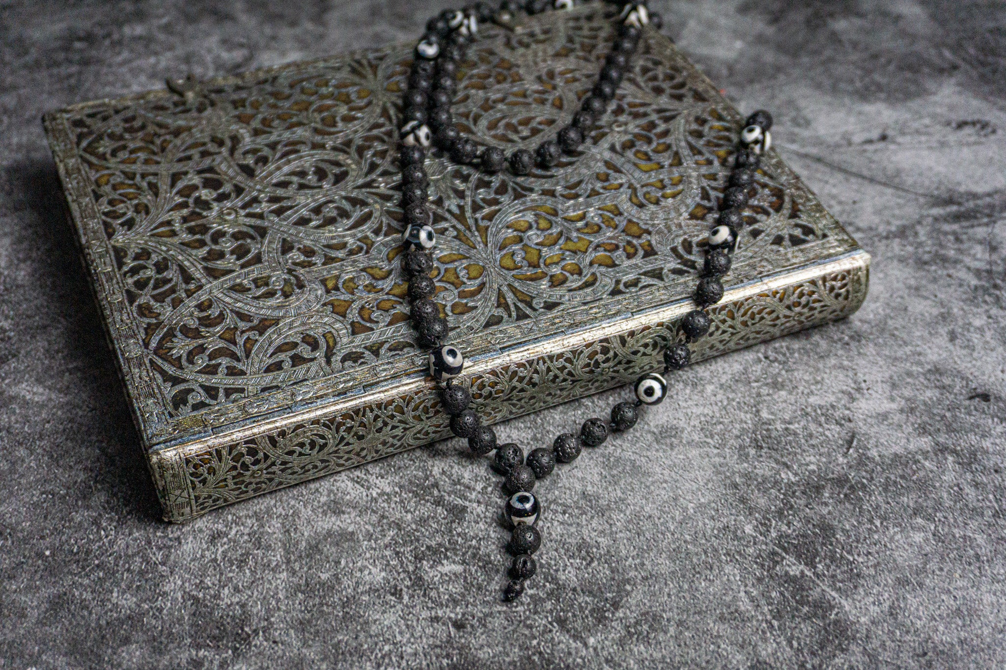 black lava stone beaded mala necklace with  agate gemstone- wander jewellery