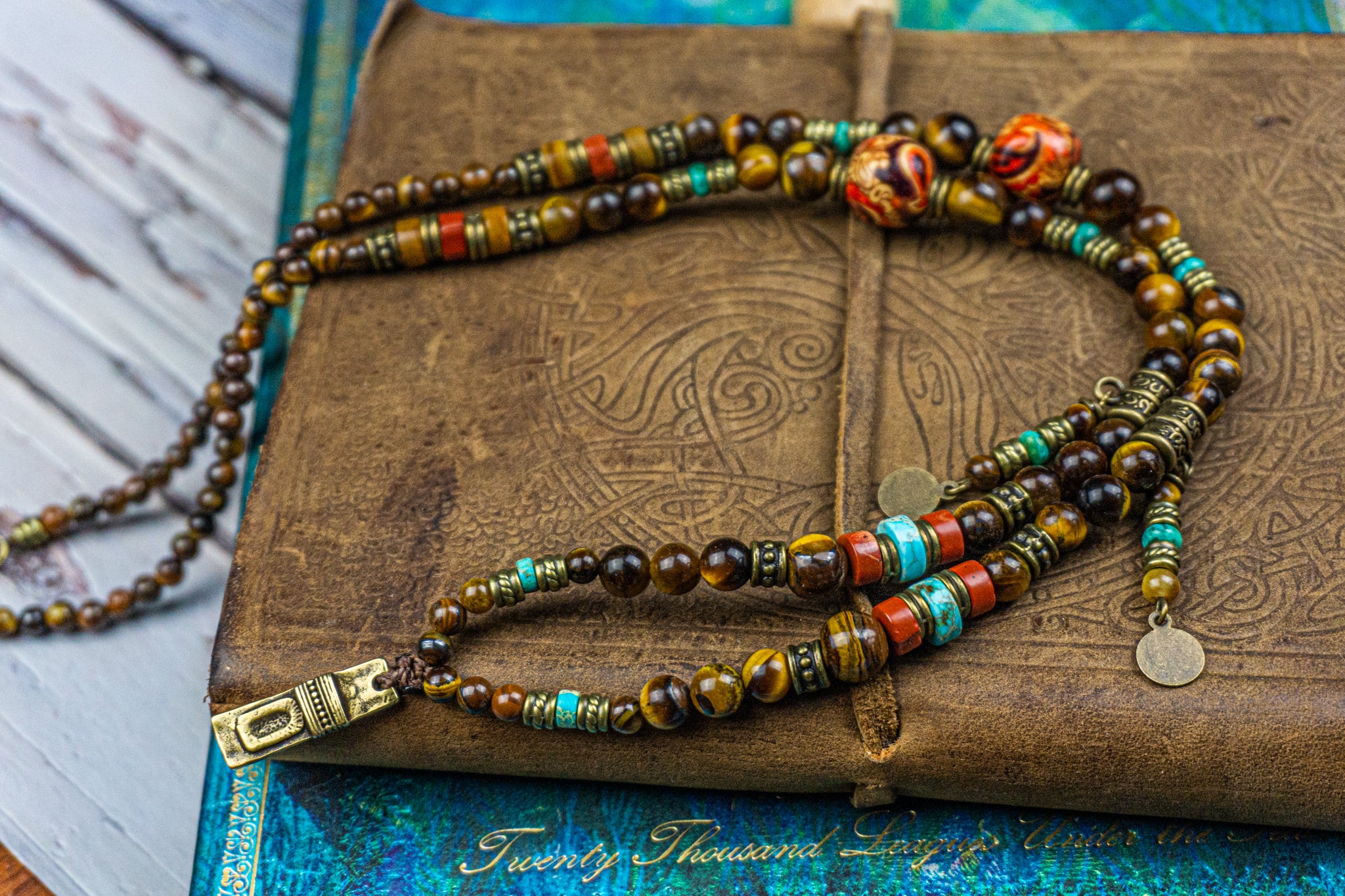 tiger eye, red jasper and turquoise beaded necklace - wander jewellery