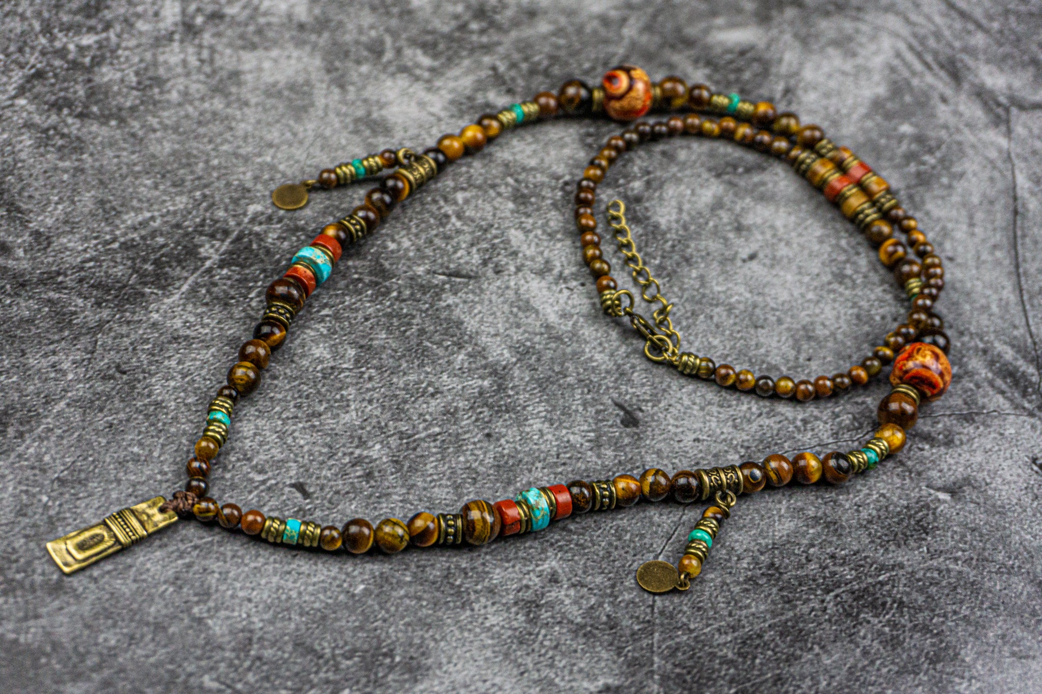 tiger eye, red jasper and turquoise beaded charm necklace - wander jewellery