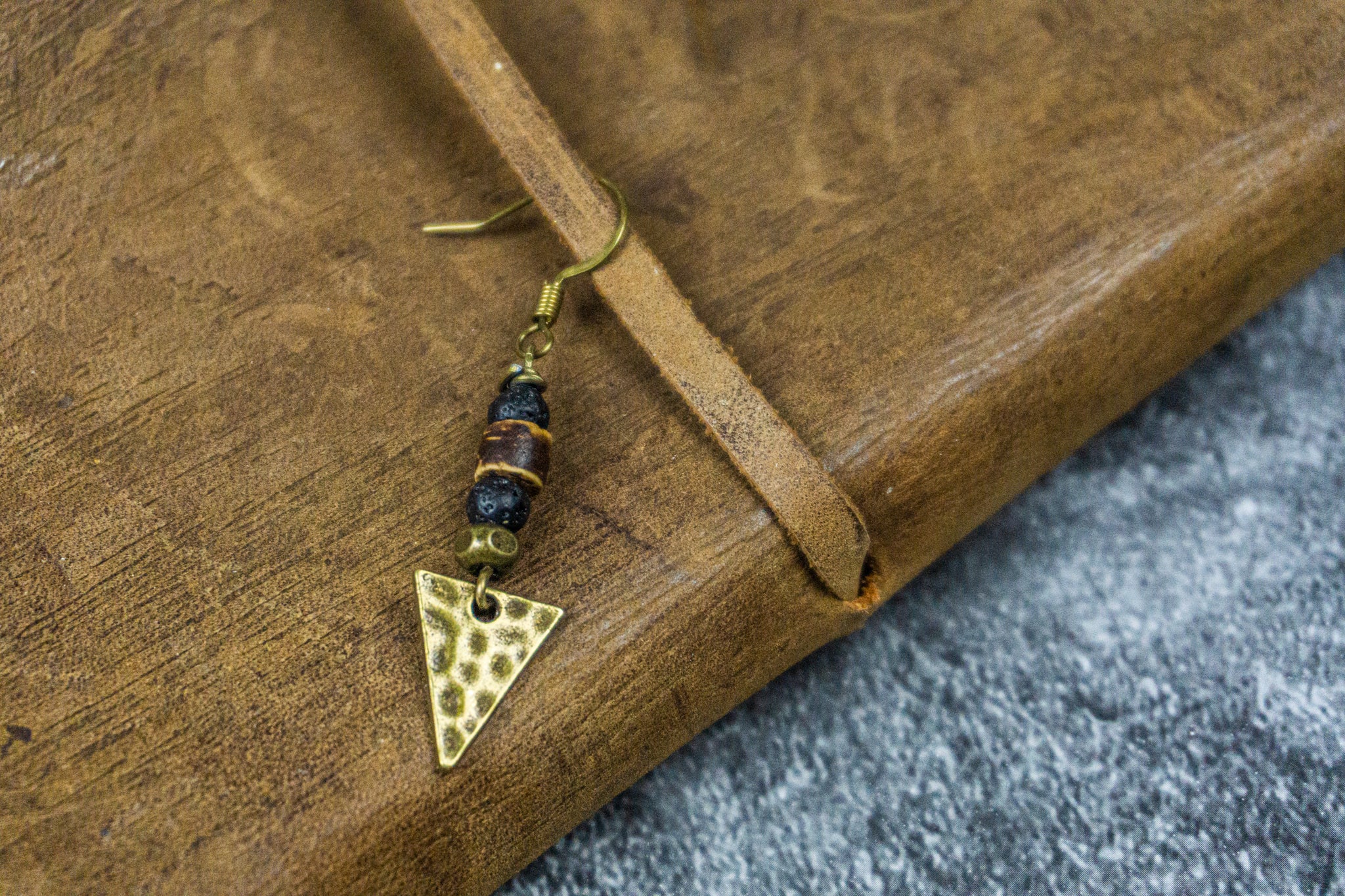 dangle triangle earring, with lava stone and wooden beads- wander jewellery