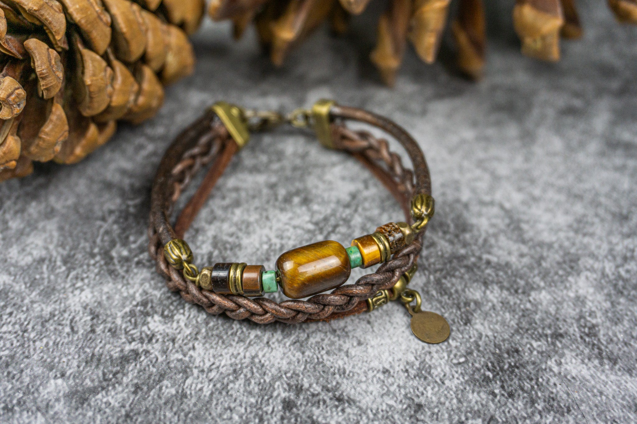 triple bracelet set made of leather and tiger eye gemstone beads- wander jewellery