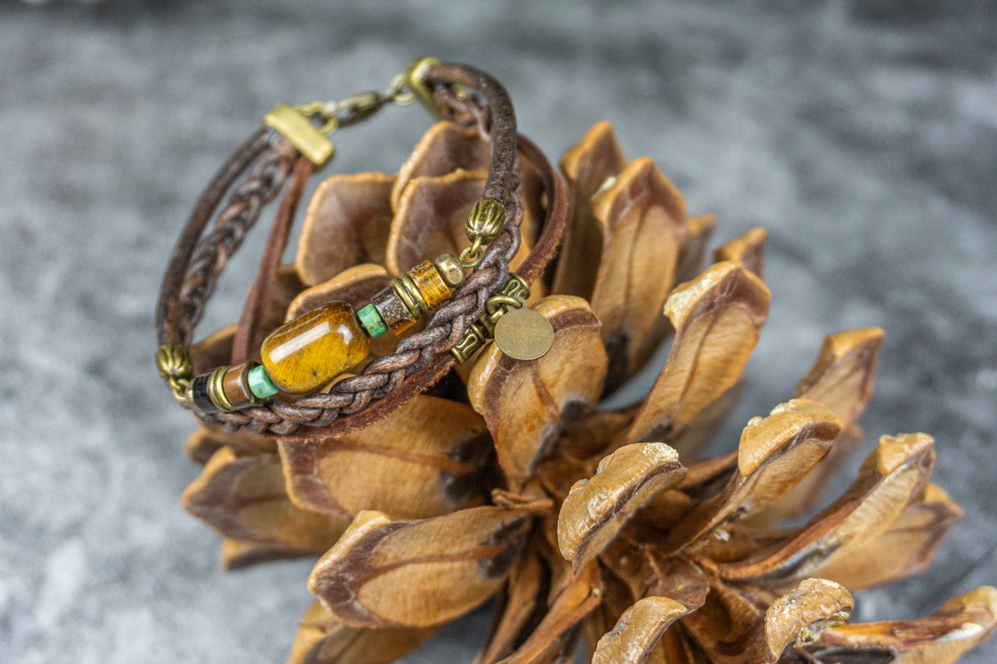 mens bracelet set made of leather and tiger eye gemstone beads- wander jewellery