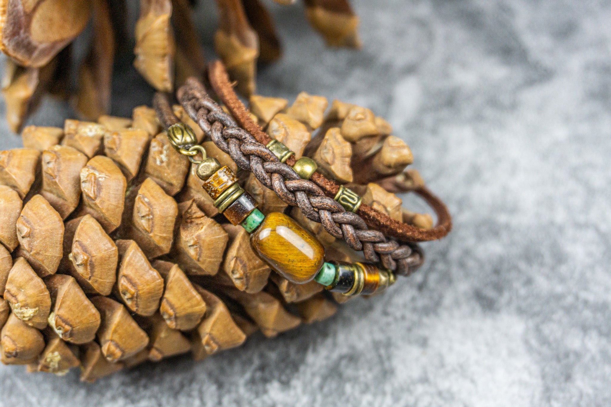 triple bracelet set made of leather and tiger eye gemstone - wander jewellery