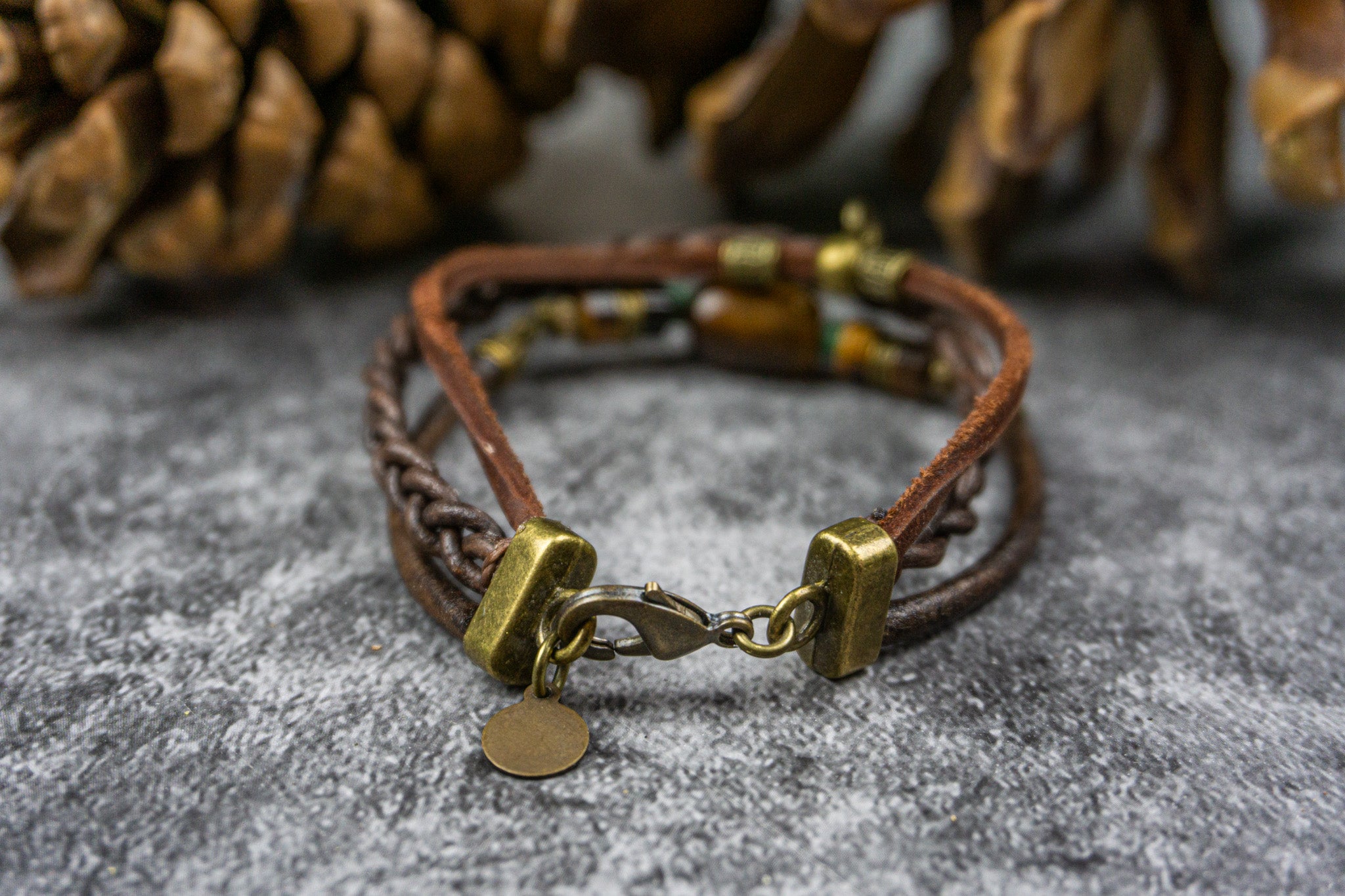 triple bracelet set made of leather and tiger eye - wander jewellery