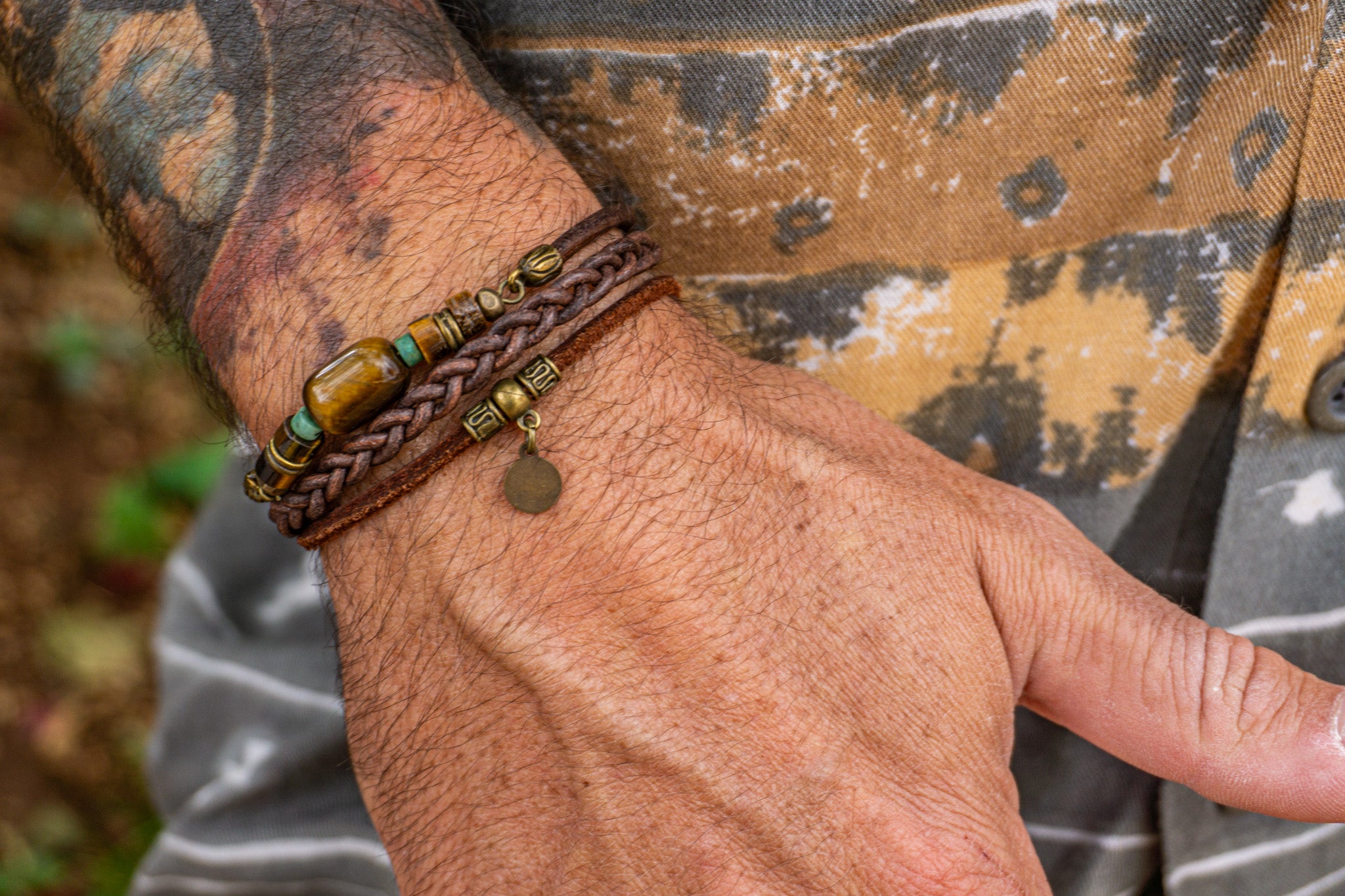 mens triple bracelet set made of leather and tiger eye gemstone beads- wander jewellery