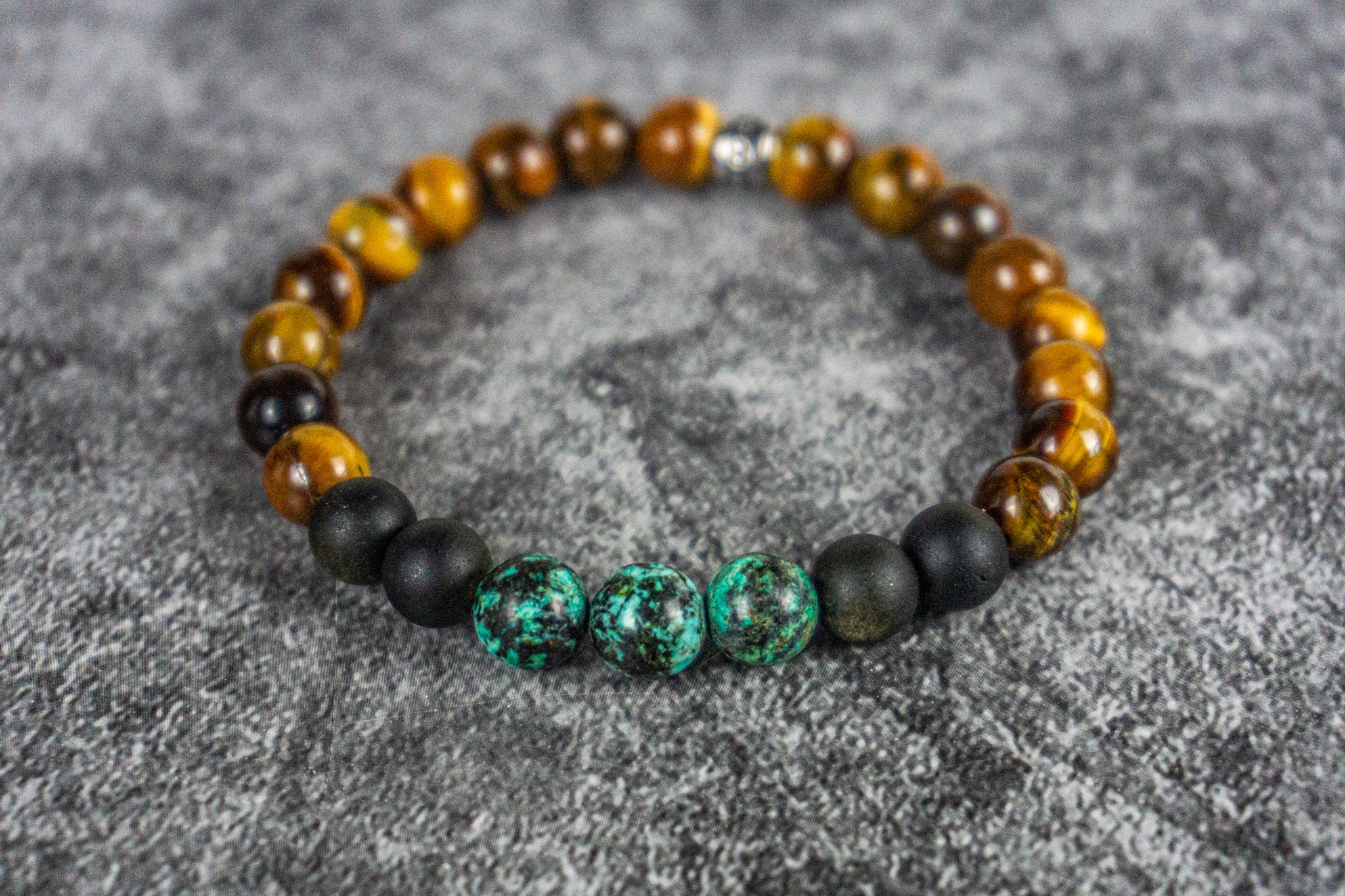 tiger eye-obsidian- turquoise jasper- triple gemstone beaded stetchy bracelet- wander jewellery