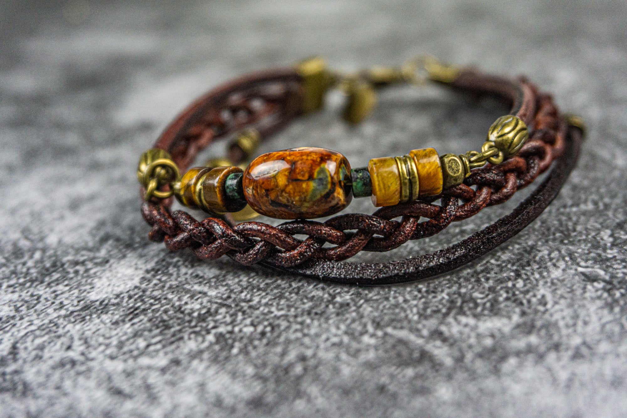 triple bracelet set made of leather and earthy colors gemstones-wander jewellery