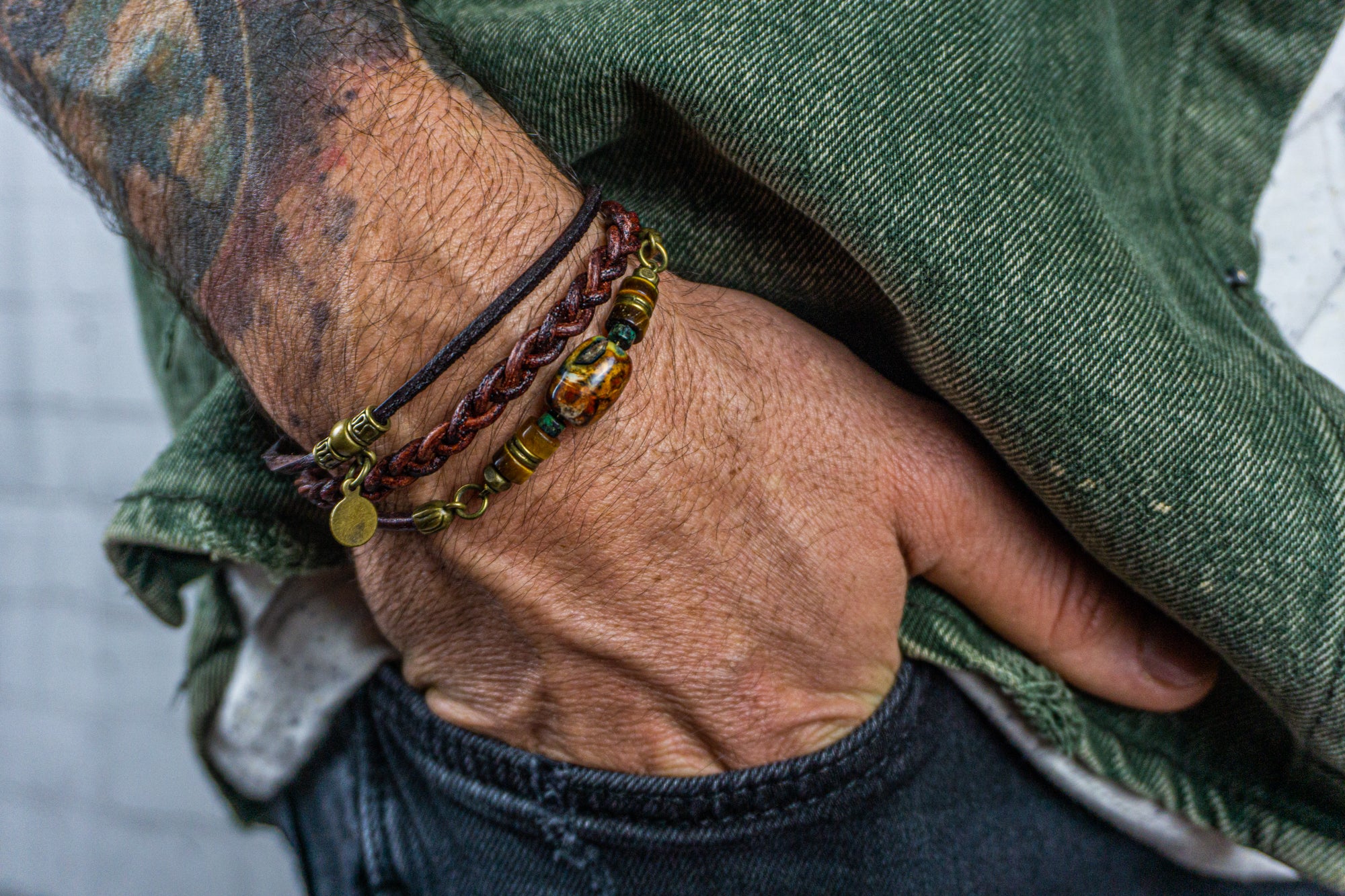 mens triple bracelet set made of leather and earthy colors gemstones- wander jewellery