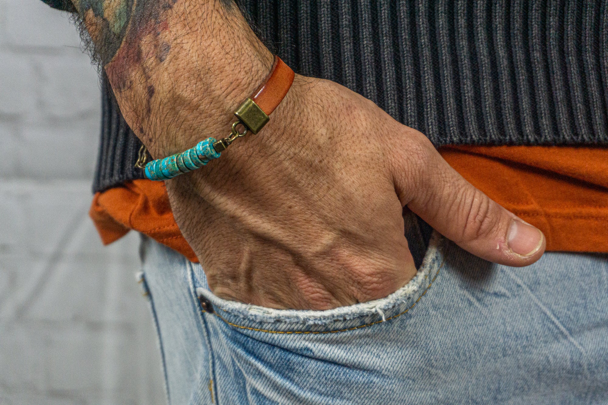 mens leather bracelet with turquoise heishi gemstone beads- wander jewellery