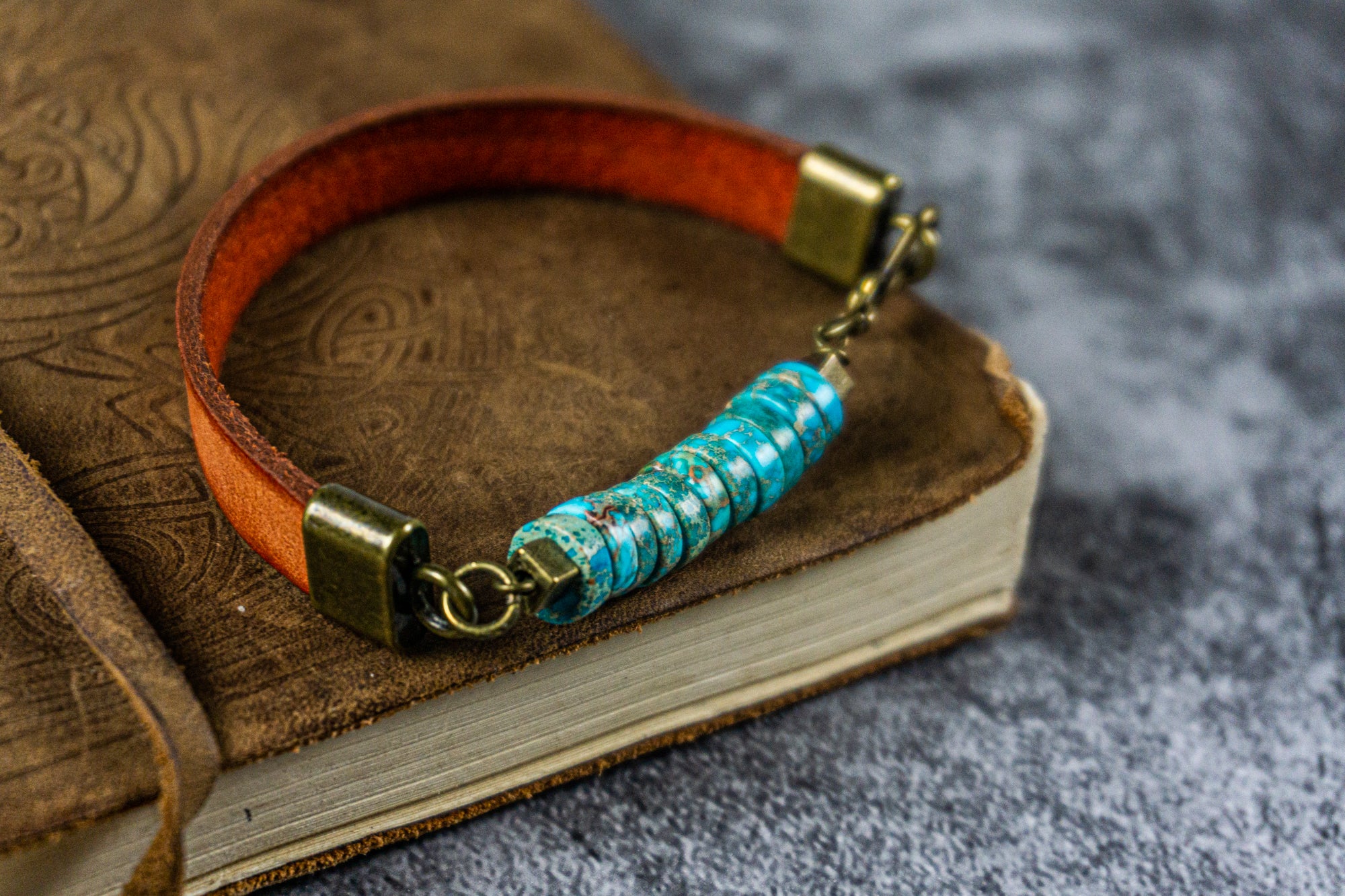 leather bracelet with the front part made of imperial jasper heishi gemstone beads- wander jewellery