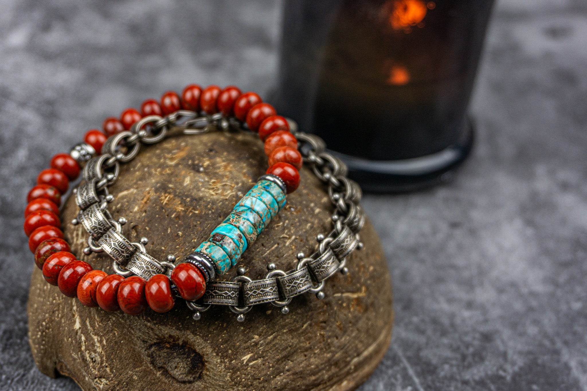 antique siver vintage chain link bracelet with art deco design and a red wooden bracelet with imperial jasper gemstones-  wander jewellery