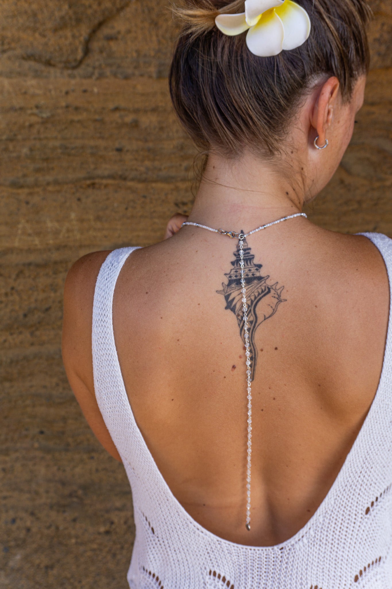 Womens Handmade white gemstone dainty boho  back necklace featuring a moonstone choker and crystal back tail – Wander Jewellery