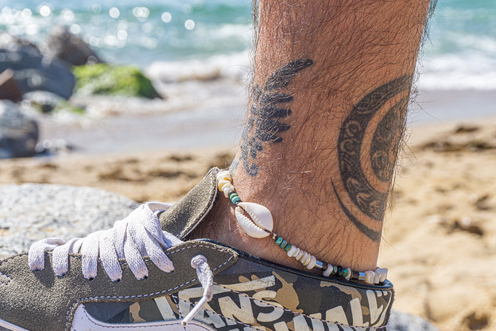 mens white coral anklet with green jasper gemstone and a cowrie shell- wander jewellery