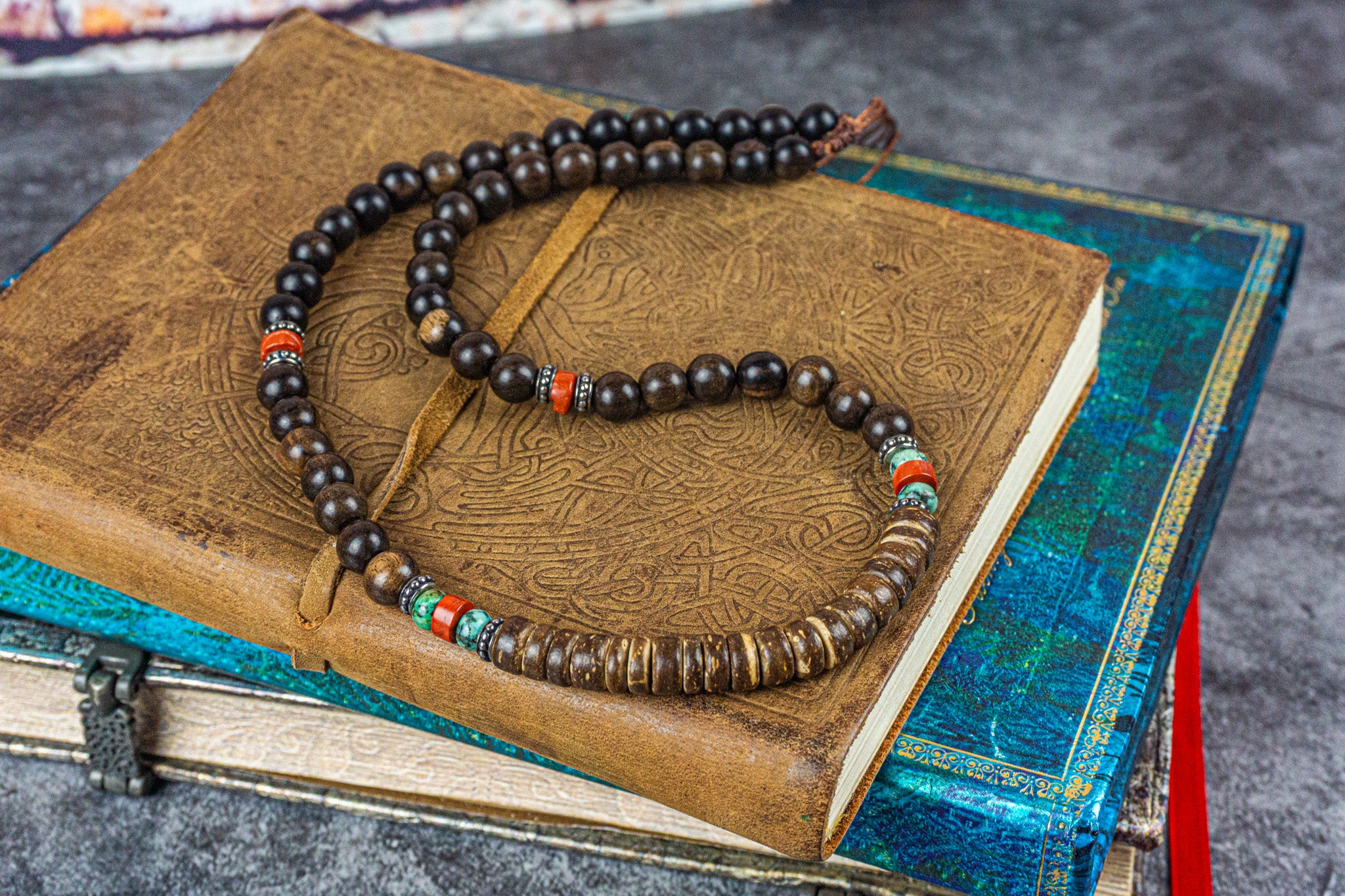 wood and coconut shell beads necklace with red agate and turquoise jasper gemstones- wander jewellery