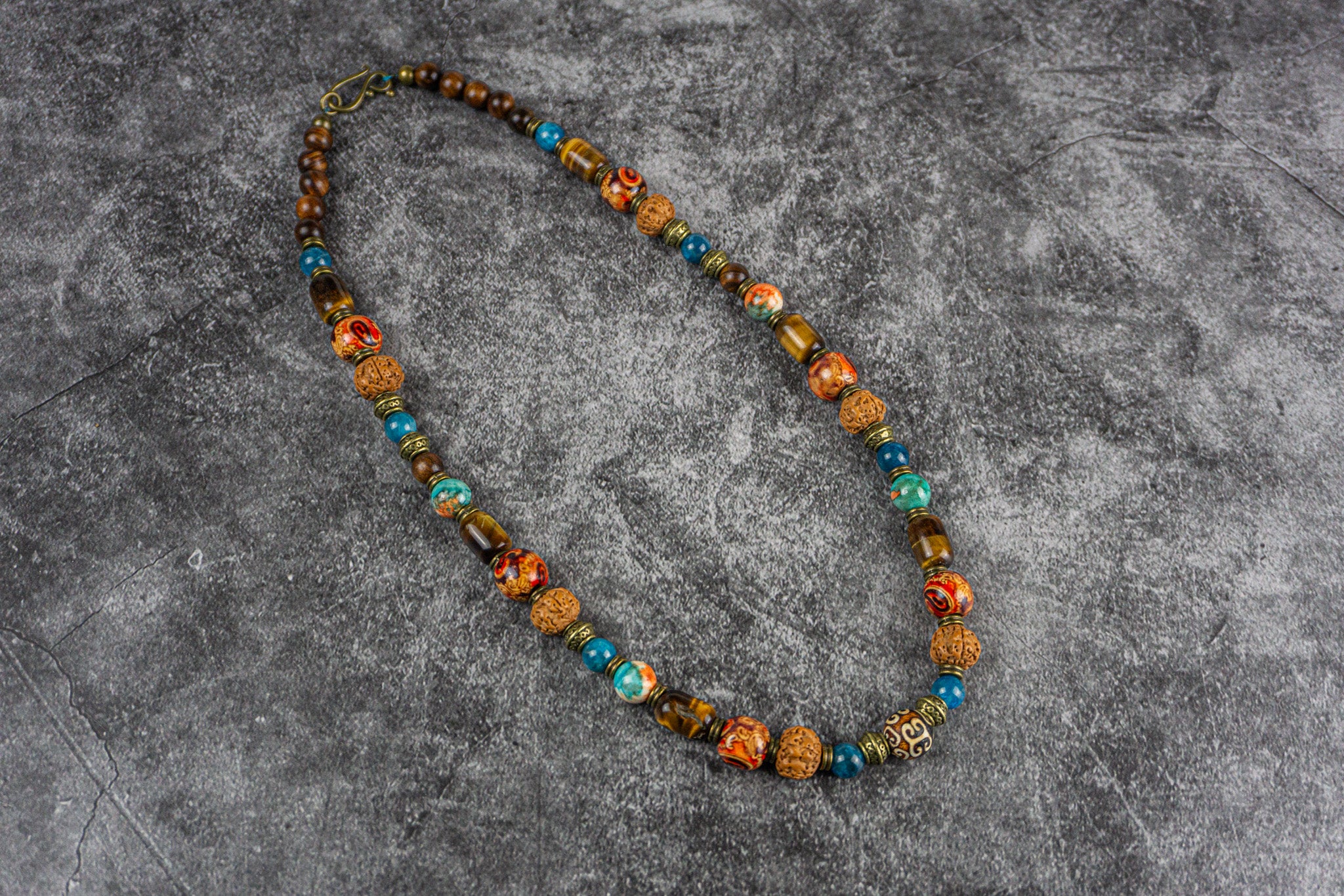 multi stone unisex boho necklace made of wood rudraksha seeds, agate , tiger eye and blue apatite gemstone beads- wander jewellery