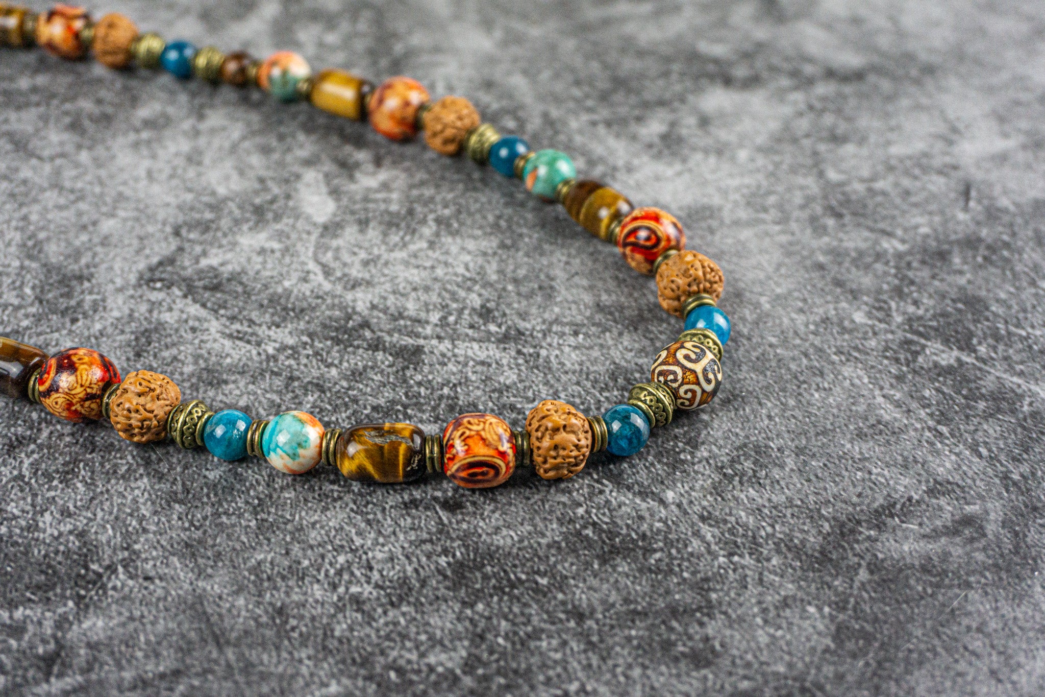 multi stone boho necklace made of wood rudraksha seeds, agate , tiger eye and blue apatite gemstone beads- wander jewellery