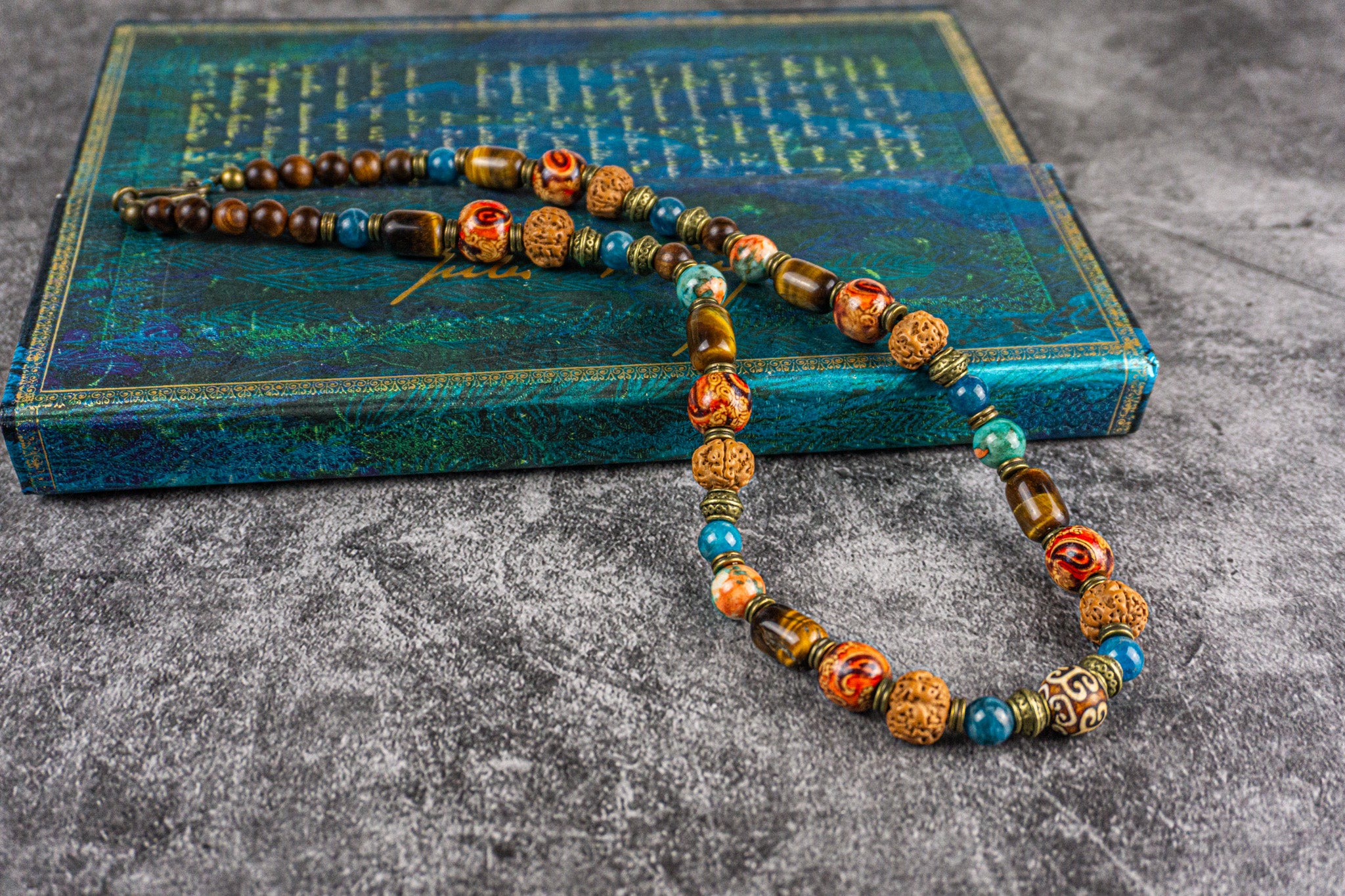 multi stone unisex boho necklace made of wood rudraksha seeds, agate , tiger eye and blue apatite gemstone - wander jewellery