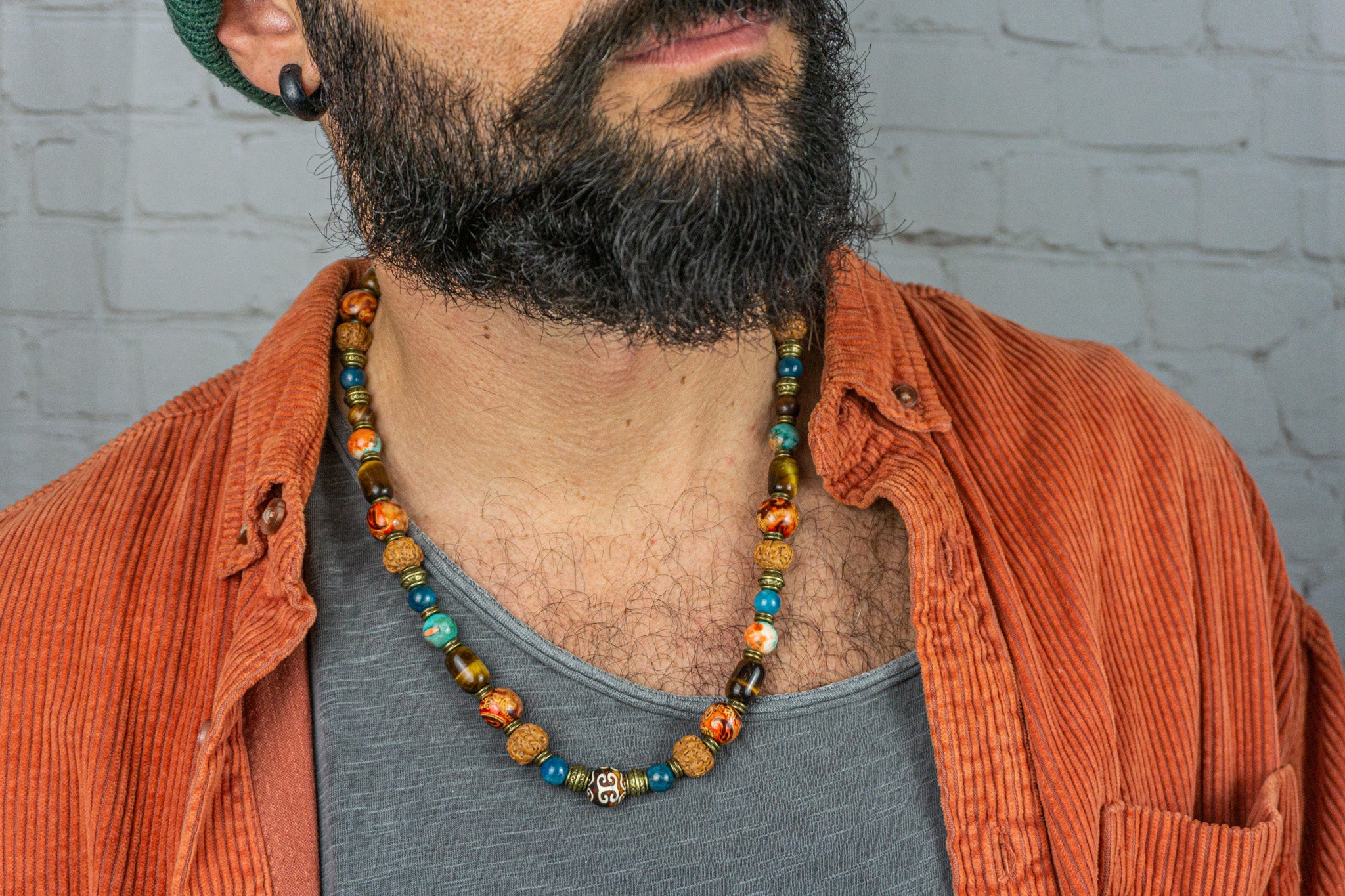 mens unisex boho necklace made of wood rudraksha seeds, agate , tiger eye and blue apatite gemstone beads- wander jewellery