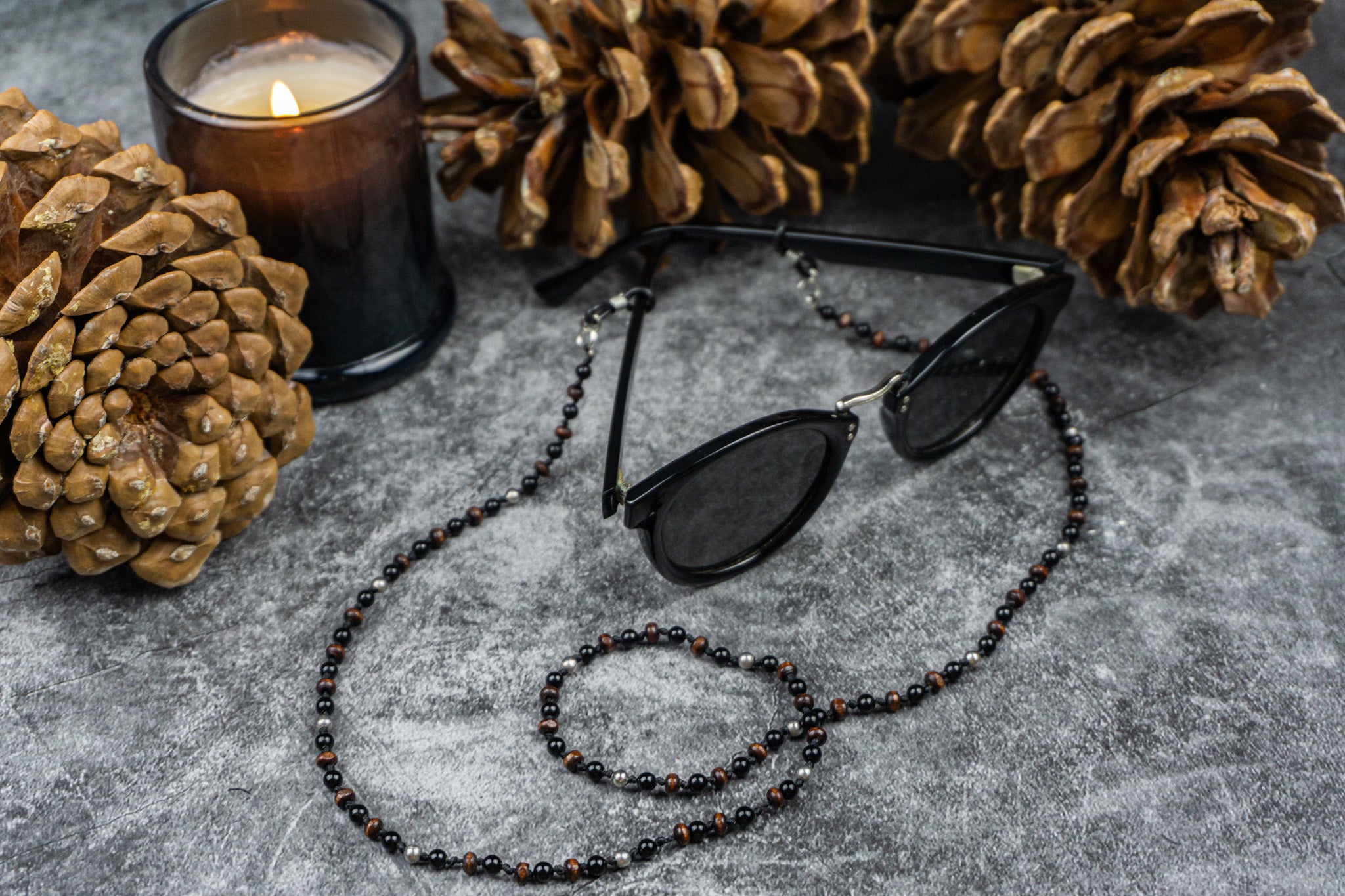 wood onyx stainless steel beaded glasses chain holder- wander jewellery