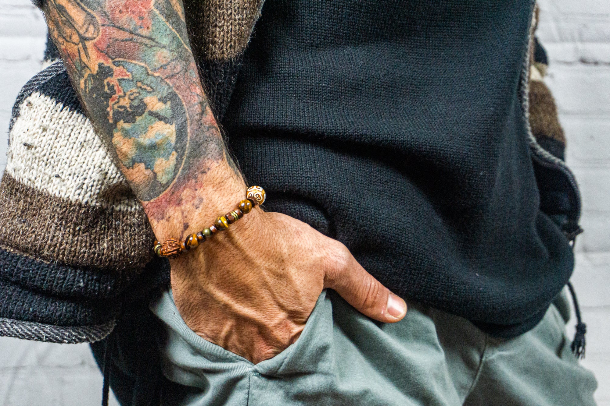 mens bracelet made of wood, tiger eye and rudraksha beads, with  tibetan agate- wander jewellery