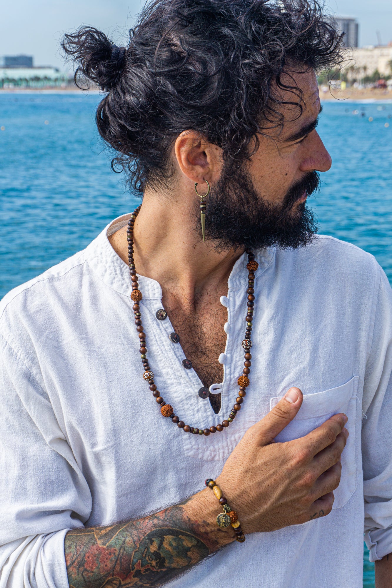 long wooden beaded necklace for men with rudraksha seeds and bronze details- wander jewellery