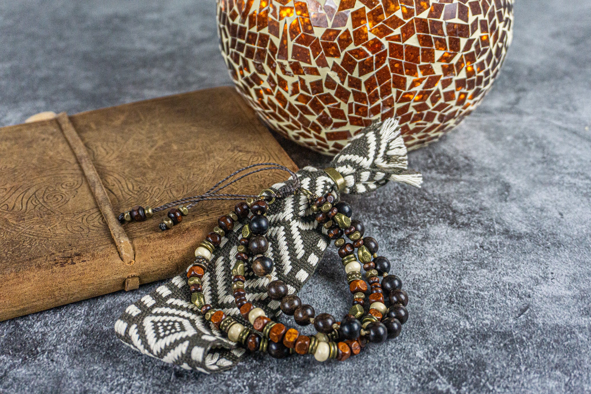 wood beaded bracelet set with tribal cuff fabric bracelet- wander jewellery