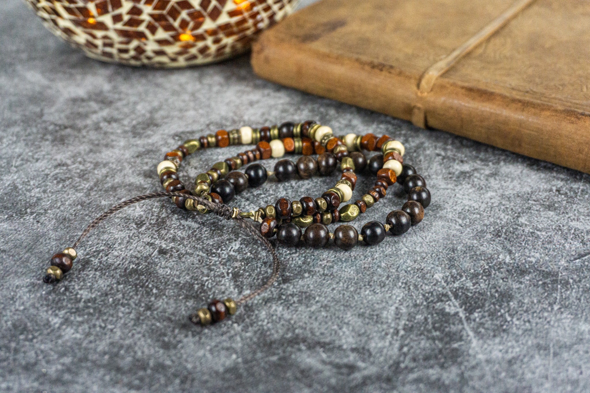 wooden bead triple bracelet with tribal cuff fabric bracelet- wander jewellery