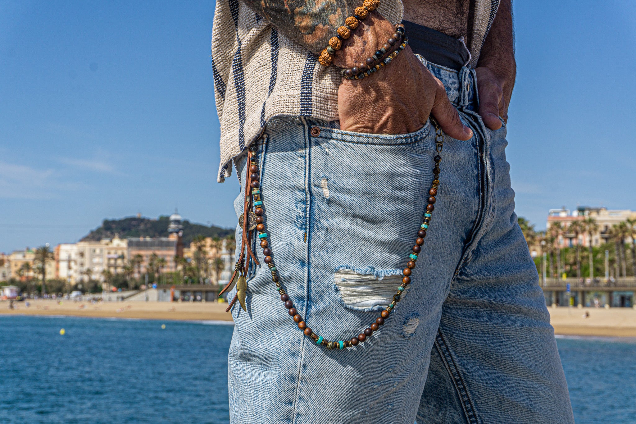 mens wooden pants keychain with gemstones and leather fringes with charms- wander jewellery