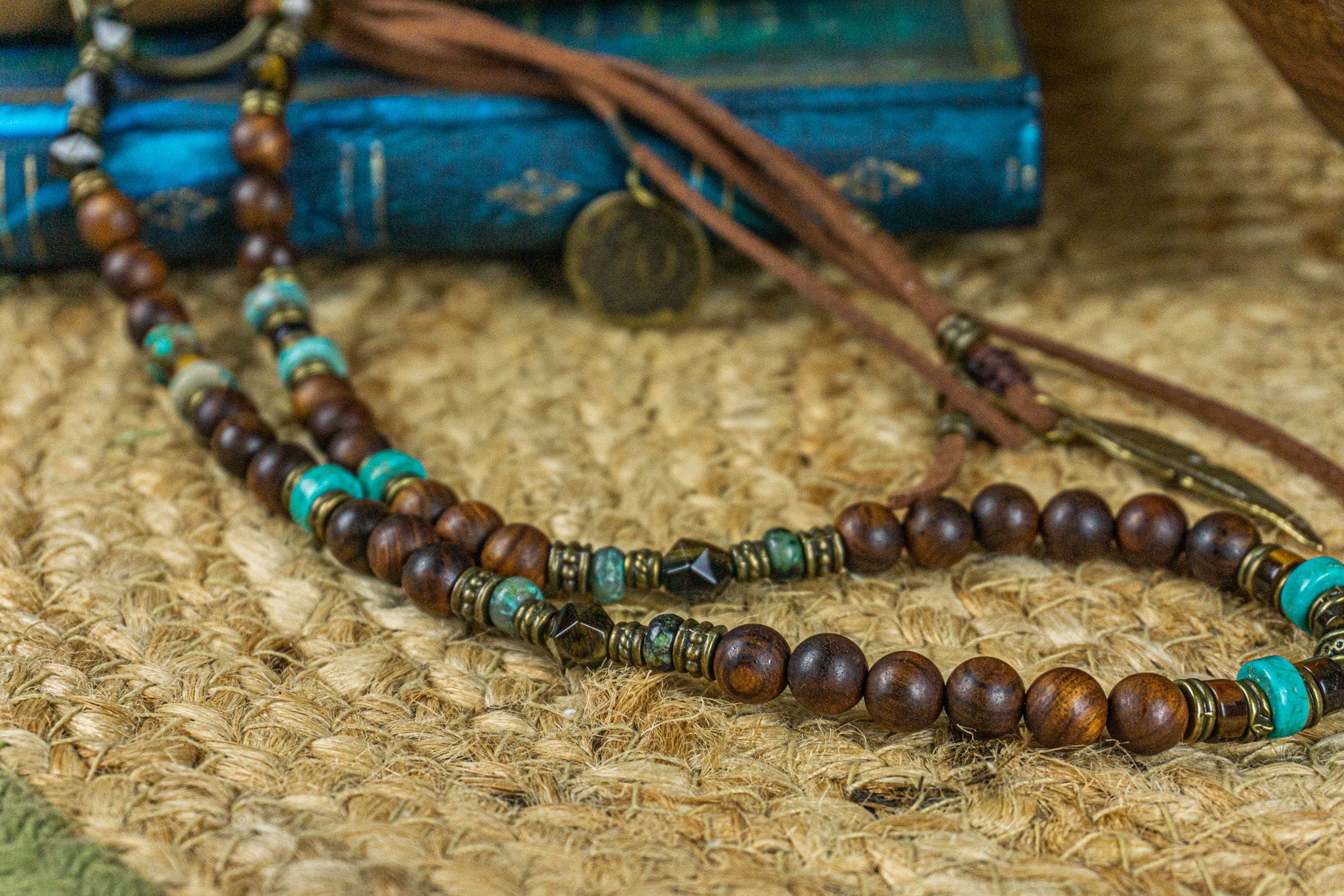 wooden bead pants keychain with green, turquoise, and tiger eye gemstones and leather fringes with charms- wander jewellery
