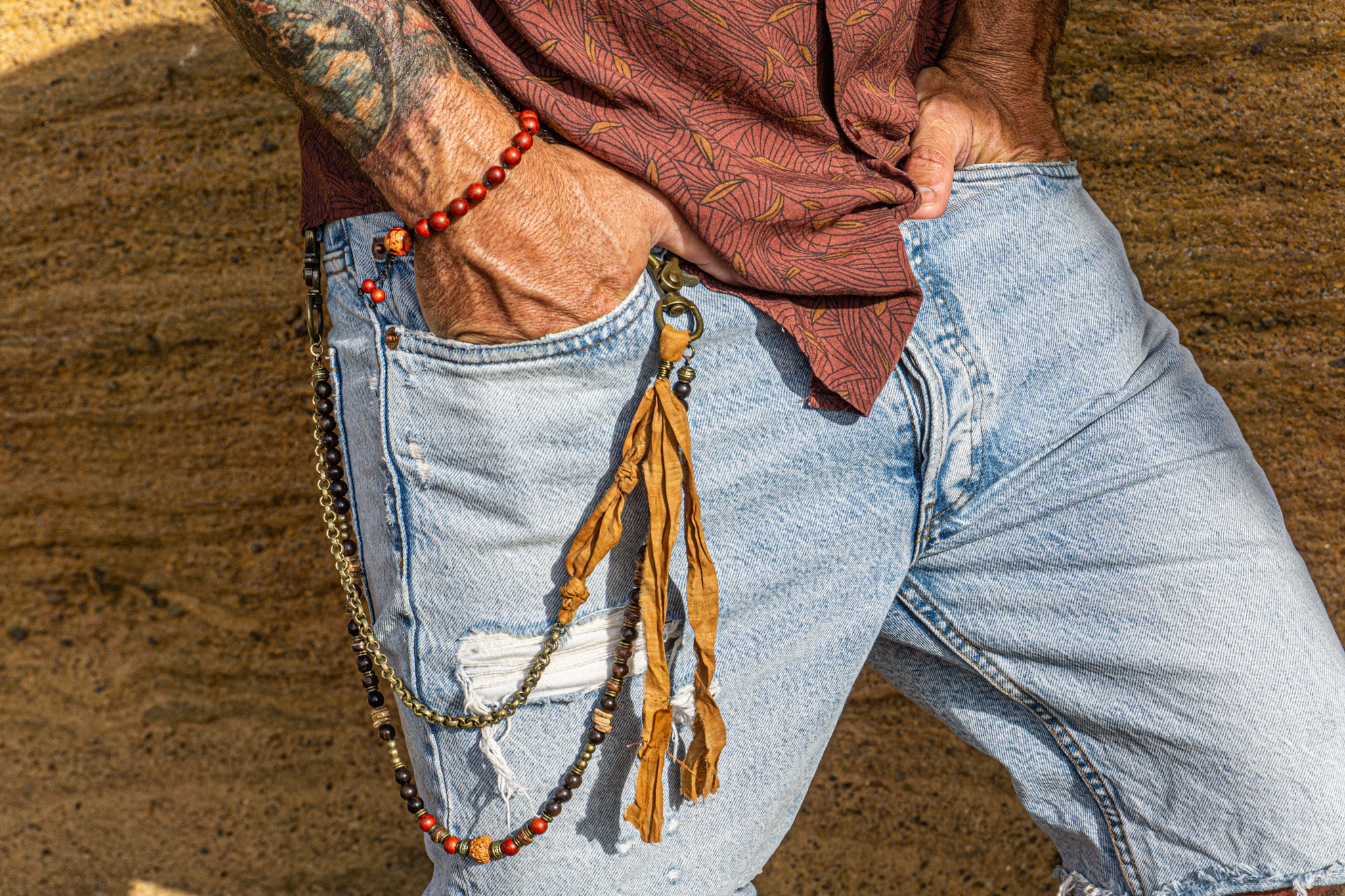 Mens Boho multi-layer keychain with ebony wood beads, brass details, and sari silk ribbon, featuring a rudraksha seed – Wander Jewellery