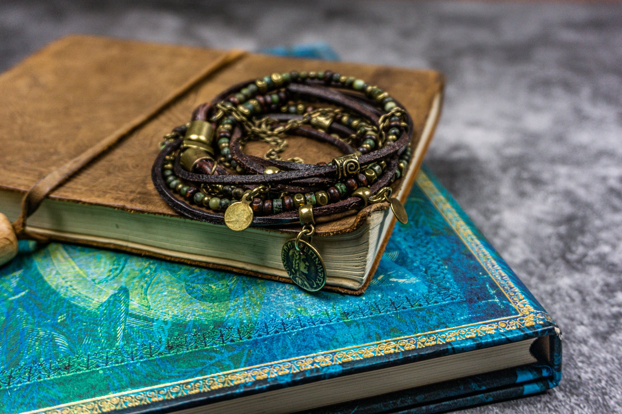 green gemstone and wood , chain wrap leather bracelet with charms- wander jewellery