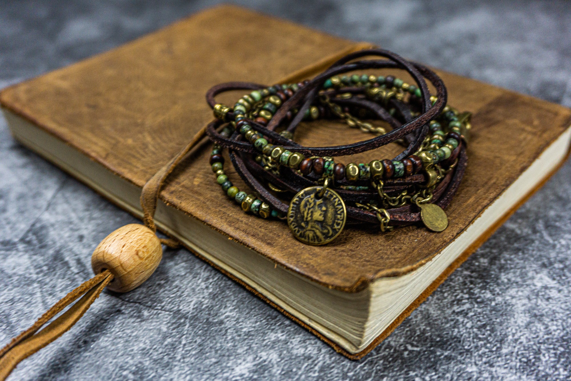 african turquoise gemstone and wood , chain wrap bracelet with charms- wander jewellery