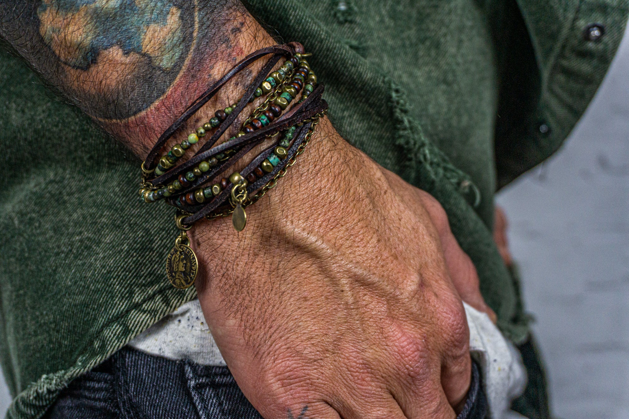 mens african turquoise gemstone and wood , chain wrap bracelet - wander jewellery