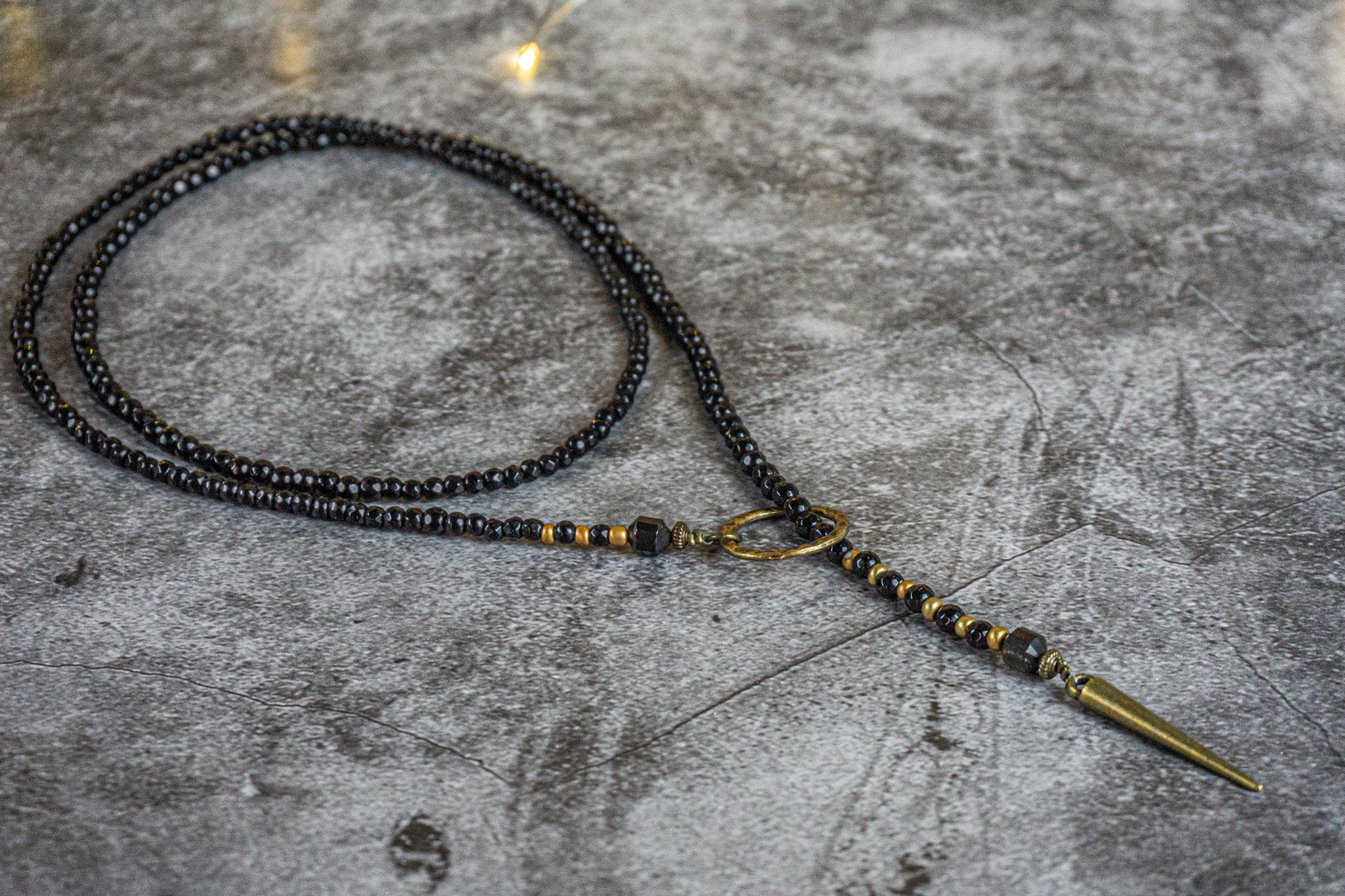 long black onyx gemstone beaded wrap choker necklace with long bronze spike- wander jewellery