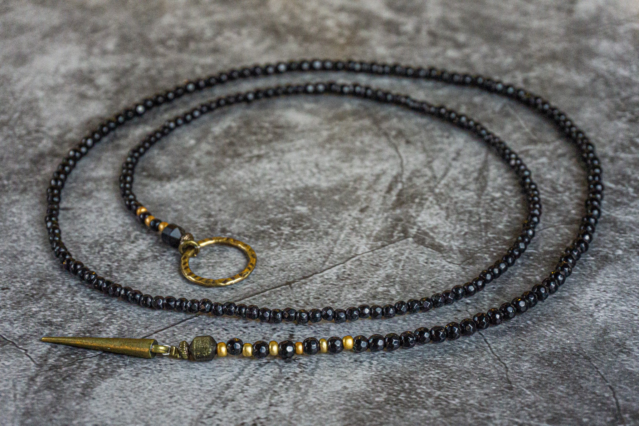 black onyx gemstone beaded wrap choker necklace with long bronze spike- wander jewellery