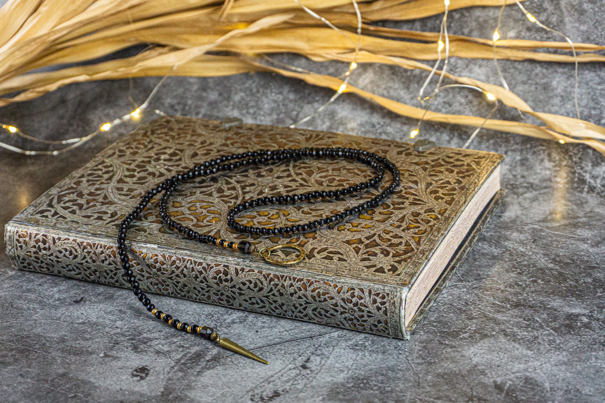onyx gemstone beaded wrap choker necklace with long bronze spike- wander jewellery