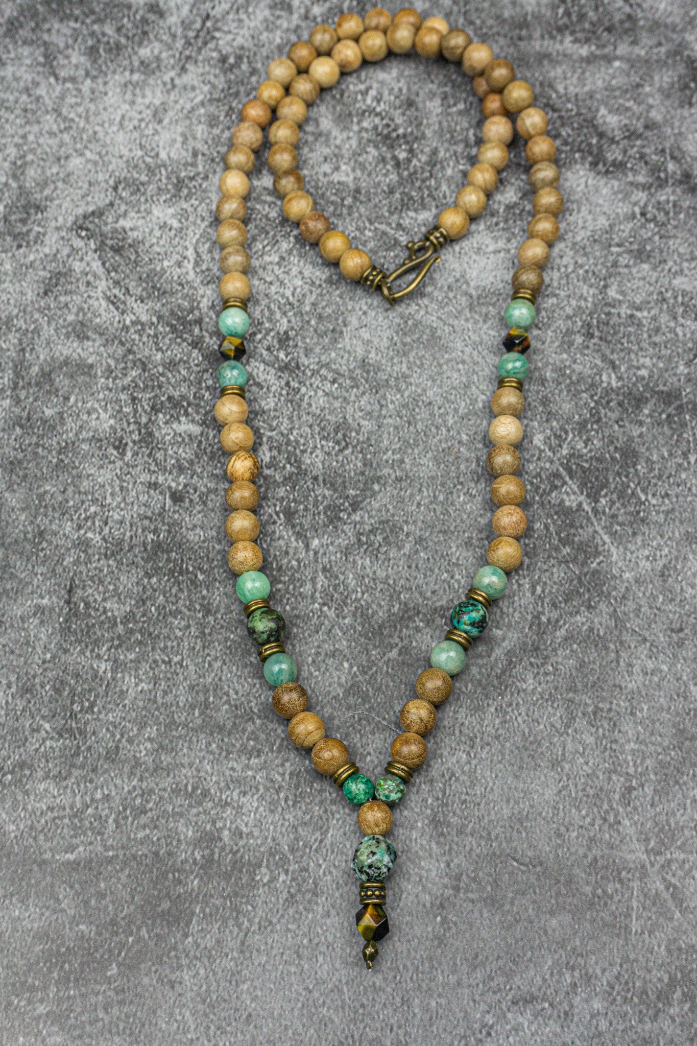 camphor wood, amazonite, jasper and tiger eye gemstone beaded boho tibetan necklace 