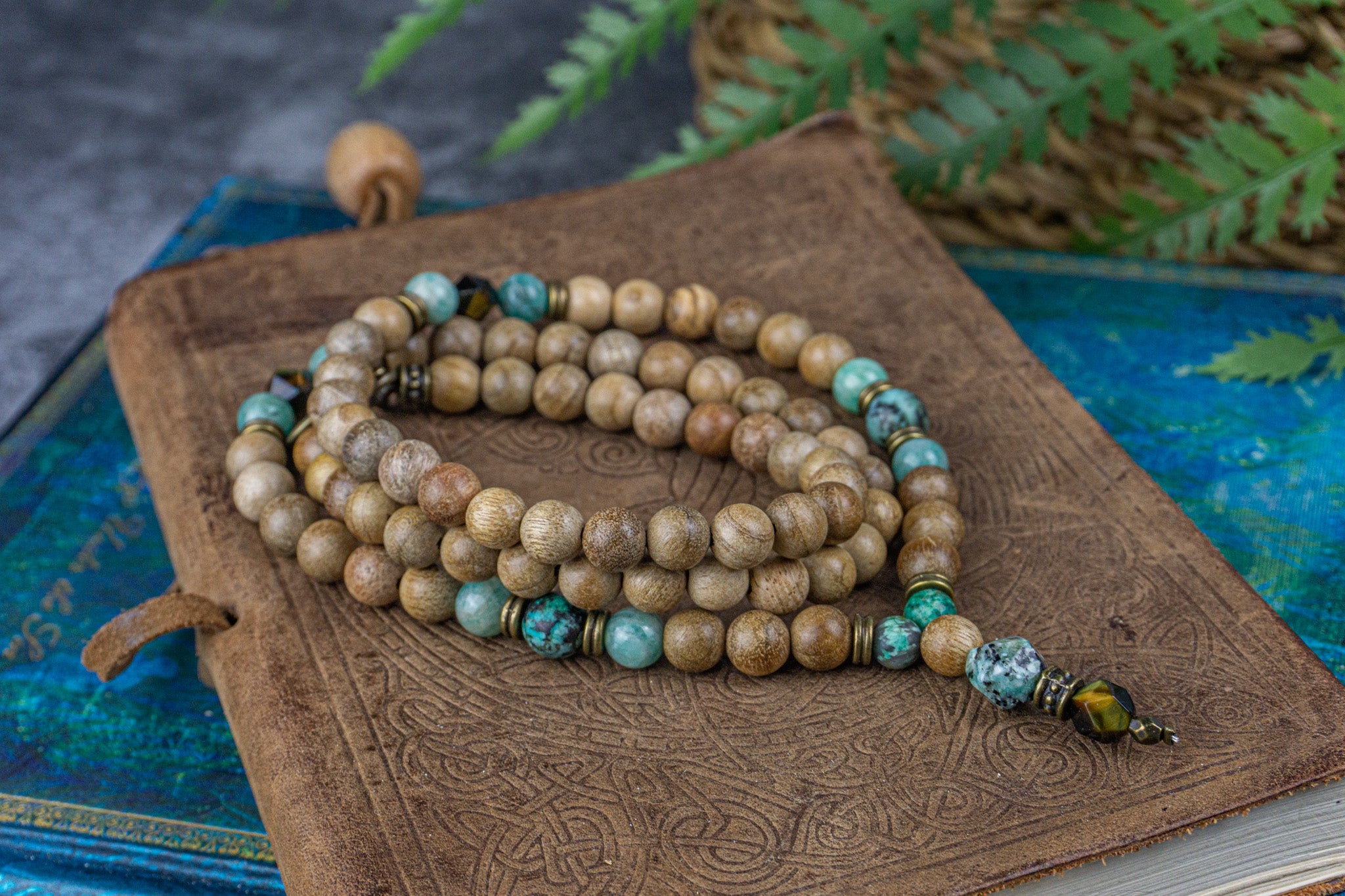camphor wood, amazonite, jasper and tiger eye gemstone beaded boho meditation necklace
