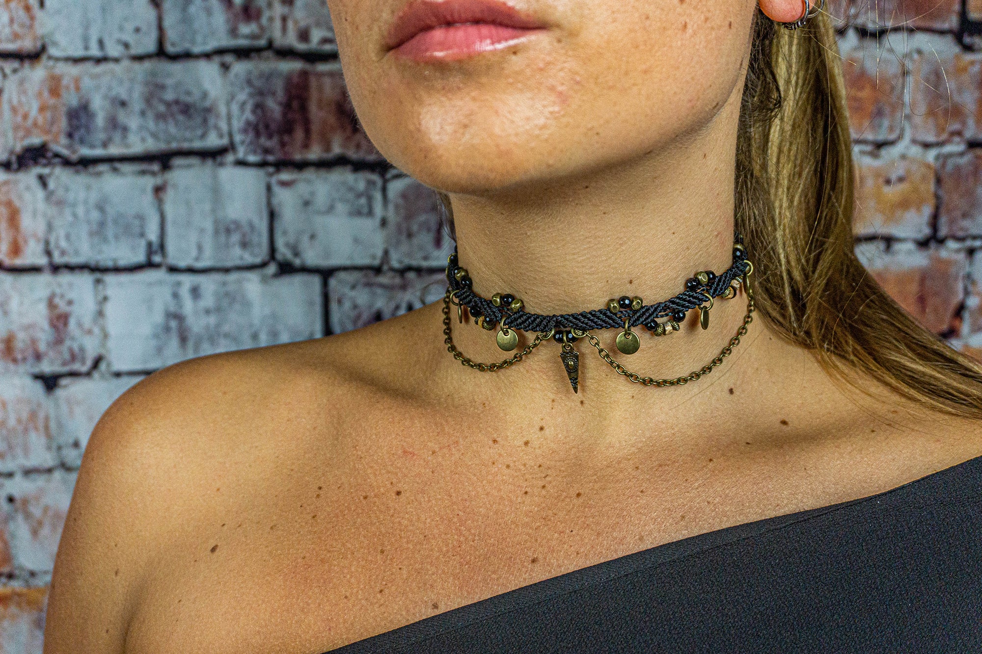 Womens black macrame choker necklace 