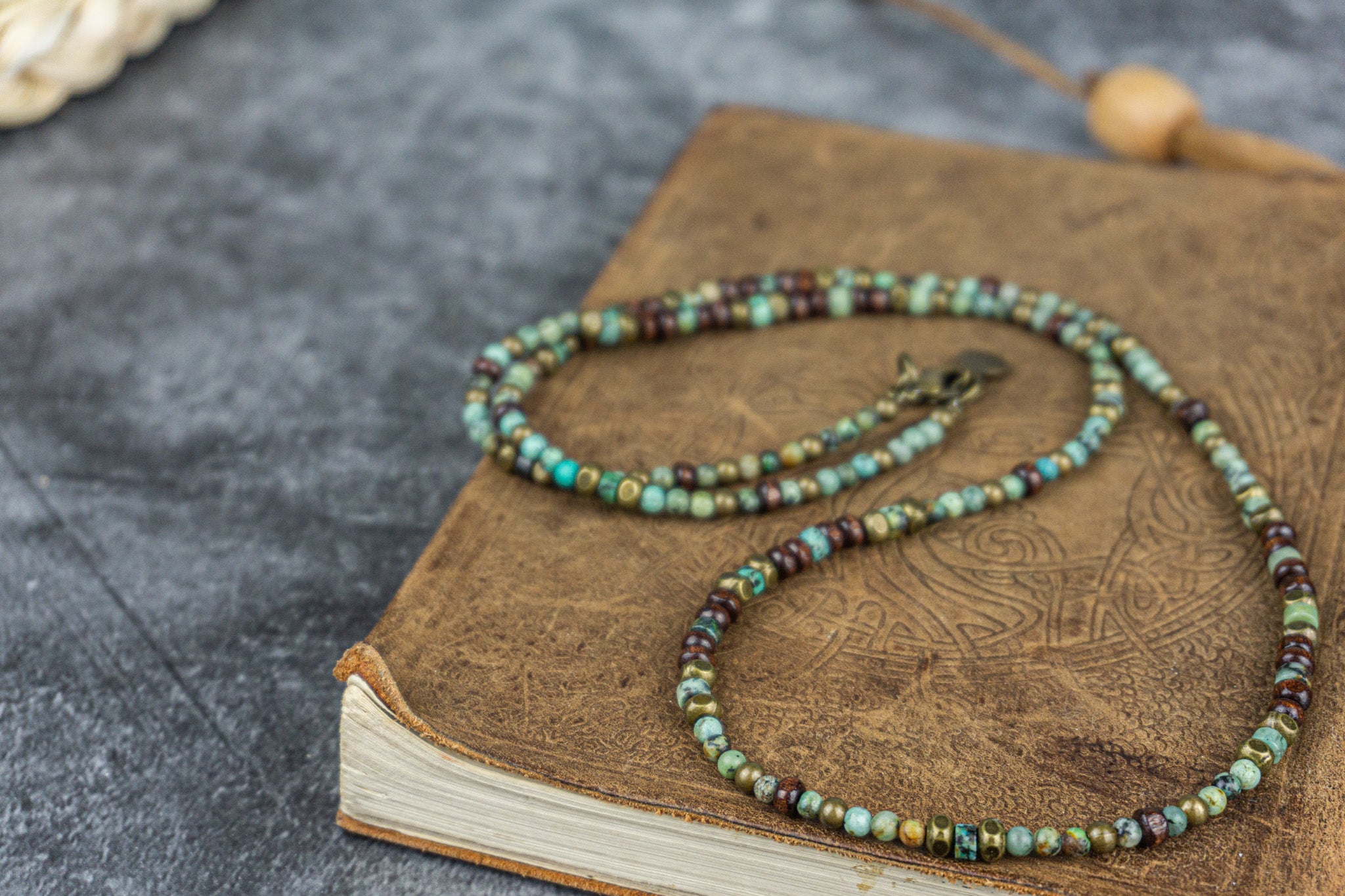 mens long dainty green african turquoise, woodand brass beaded necklace