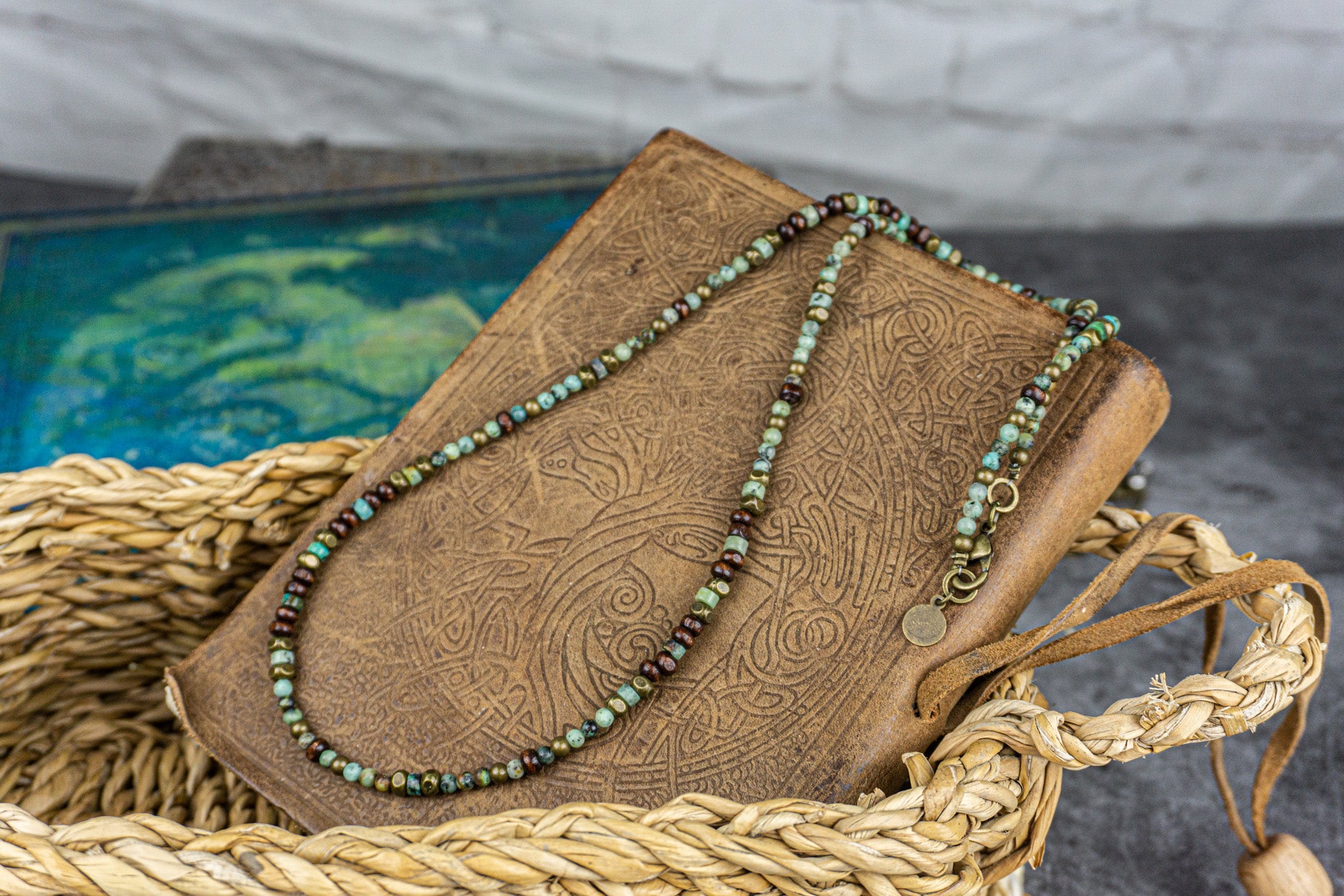 Long dainty green african turquoise, wood and brass boho beaded necklace for men